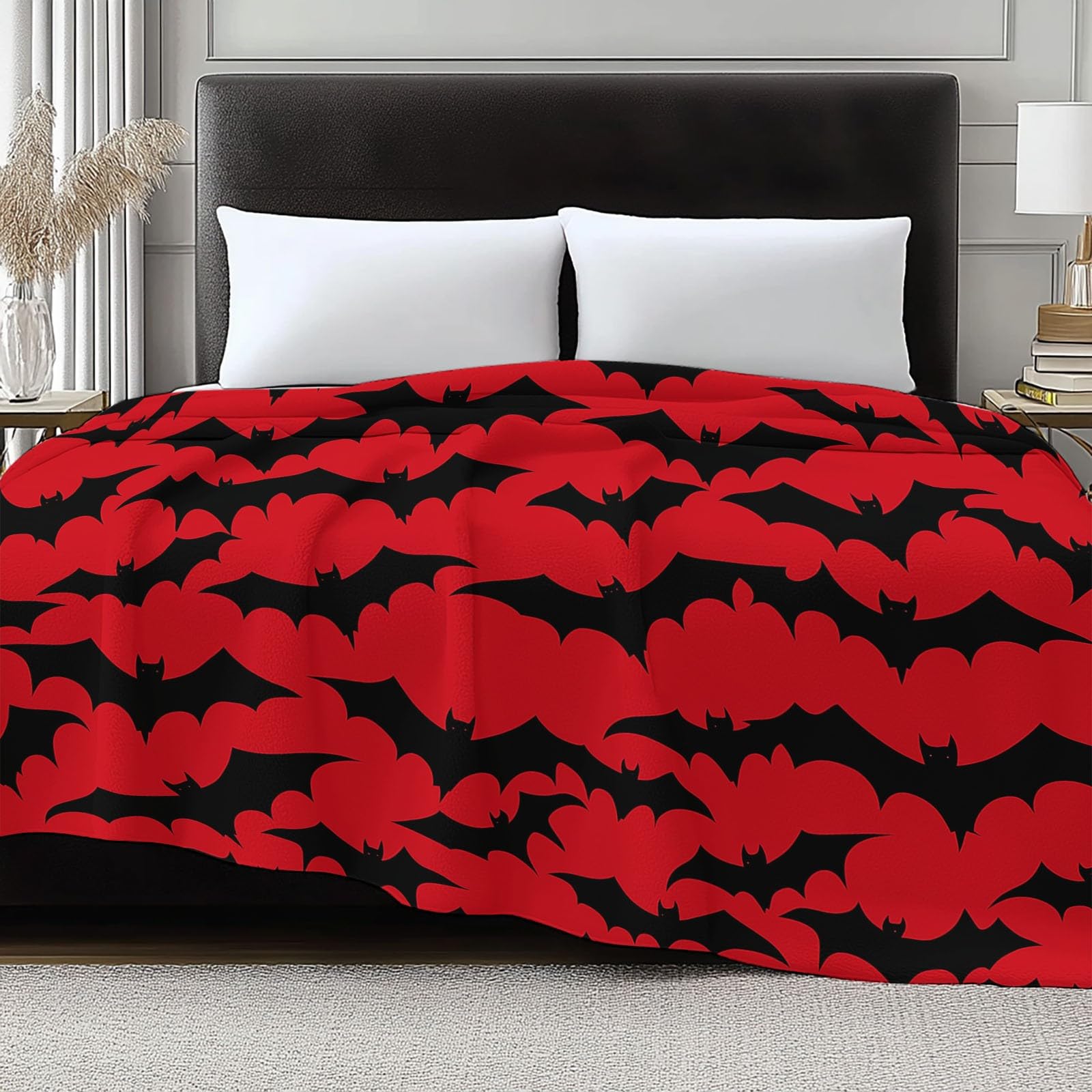 Genérico Koc flanelowy nietoperze Halloween Koce Sherpa 220 x 240 cm Miękki Ciepły Koce z Mikrofibry, Czerwony Sofa Koc Wełniany Kemping Sypialnia Salon Wystrój Domu