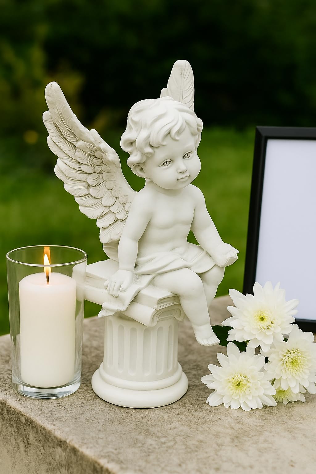 JRose Collections Resin Angel Figurine 20cm – White Cherub Ornament on Pedestal Column, Decorative Sitting Angel Statue for Home Décor, Memorial Display, Garden Shelf & Indoor Decorations (JR-1481)