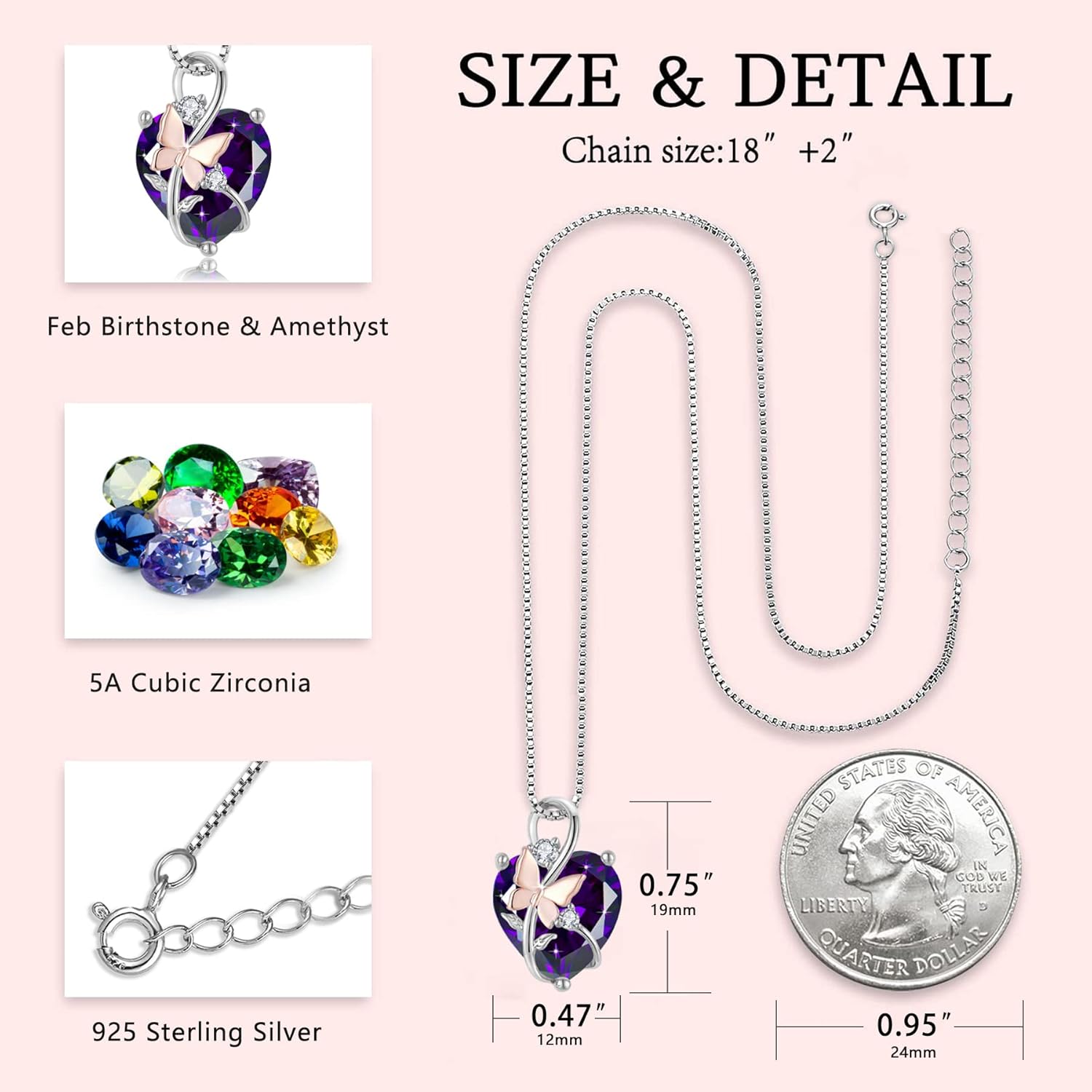 Butterfly Heart Necklaces for Women, 925 Sterling Silver 5A Cubic Zirconia Birthstone Pendant Jewelry Gifts, Anniversary Birthday Christmas Gifts for her - Image 5