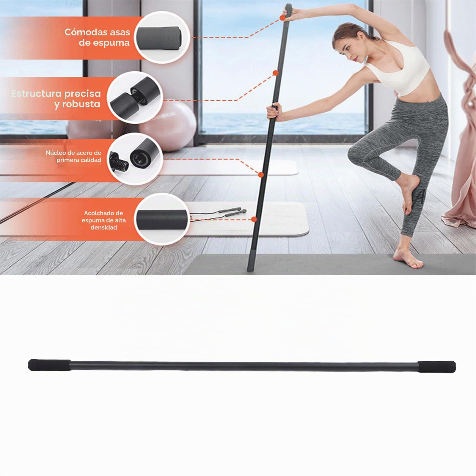 Mobility Stick, Stick de Yoga de Acero de 5 Pies, Stick de Estiramiento Ajustable para una Flexibilidad Mejorada, Movilidad y Equilibrio con Manijas de Espuma, Palo de Ejercicio