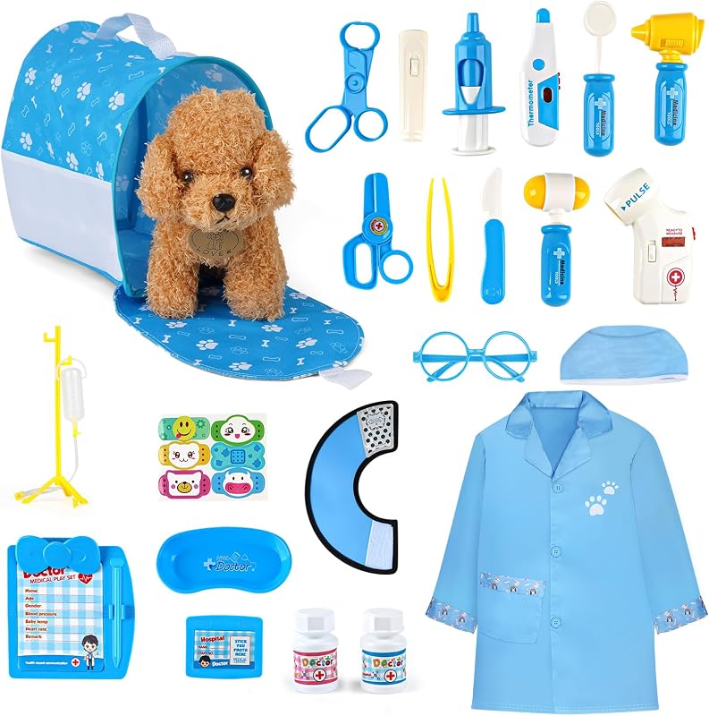 Doctors Set for Kids - Children Pet Vet Care Play Set with Doctor Costume, Plush Dog, Pretend Role Play Medical Kit Toys Gifts for 3 4 5 6 Year Old Girls