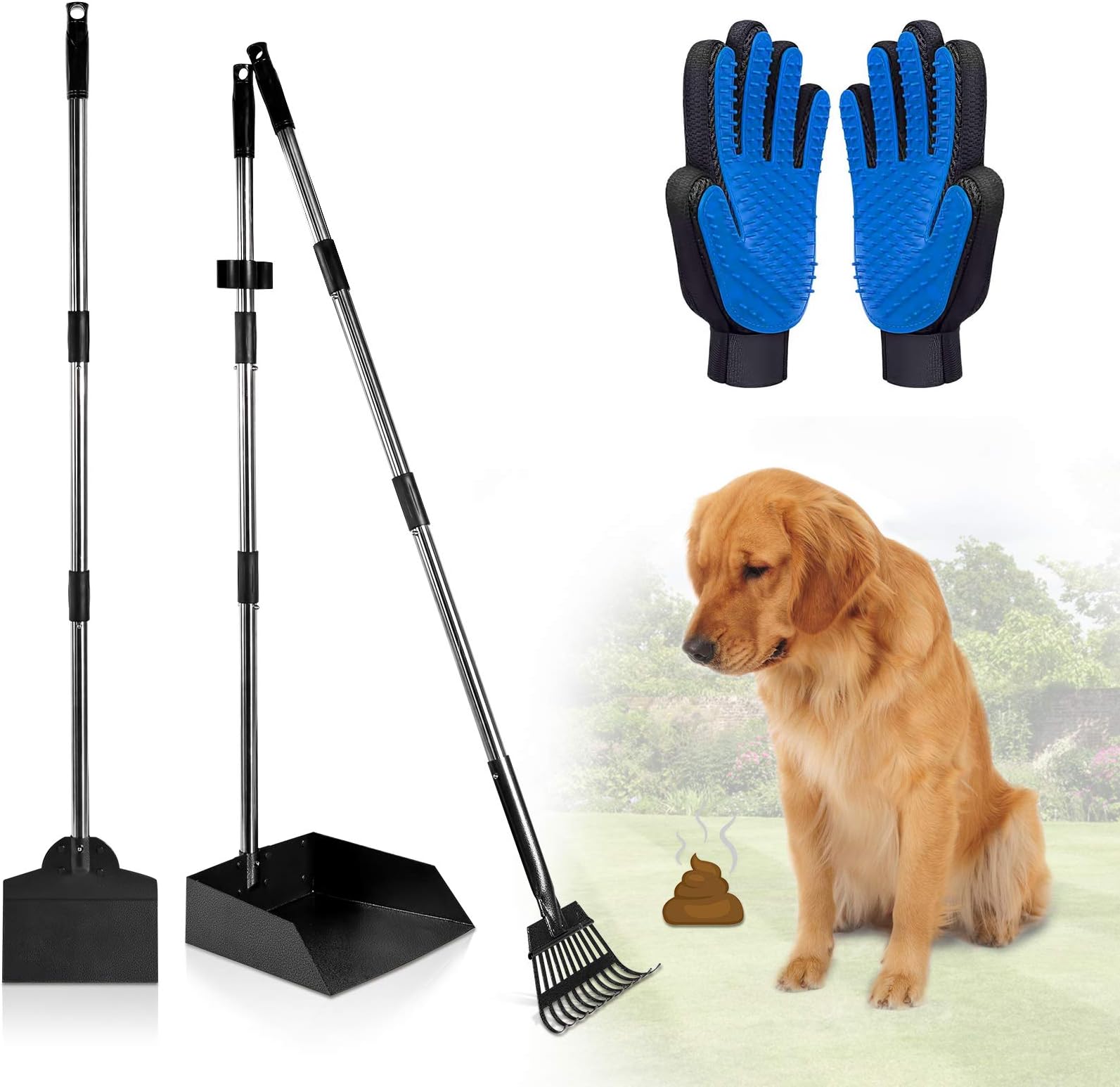 Large Pooper Scooper, Detachable Long Handle Poop Scooper for Large Medium Dog, Metal Dog Pooper Scooper with Rake Tray Spade, Easy Pick Up, Suitable for Lawn, Soil and Gravel