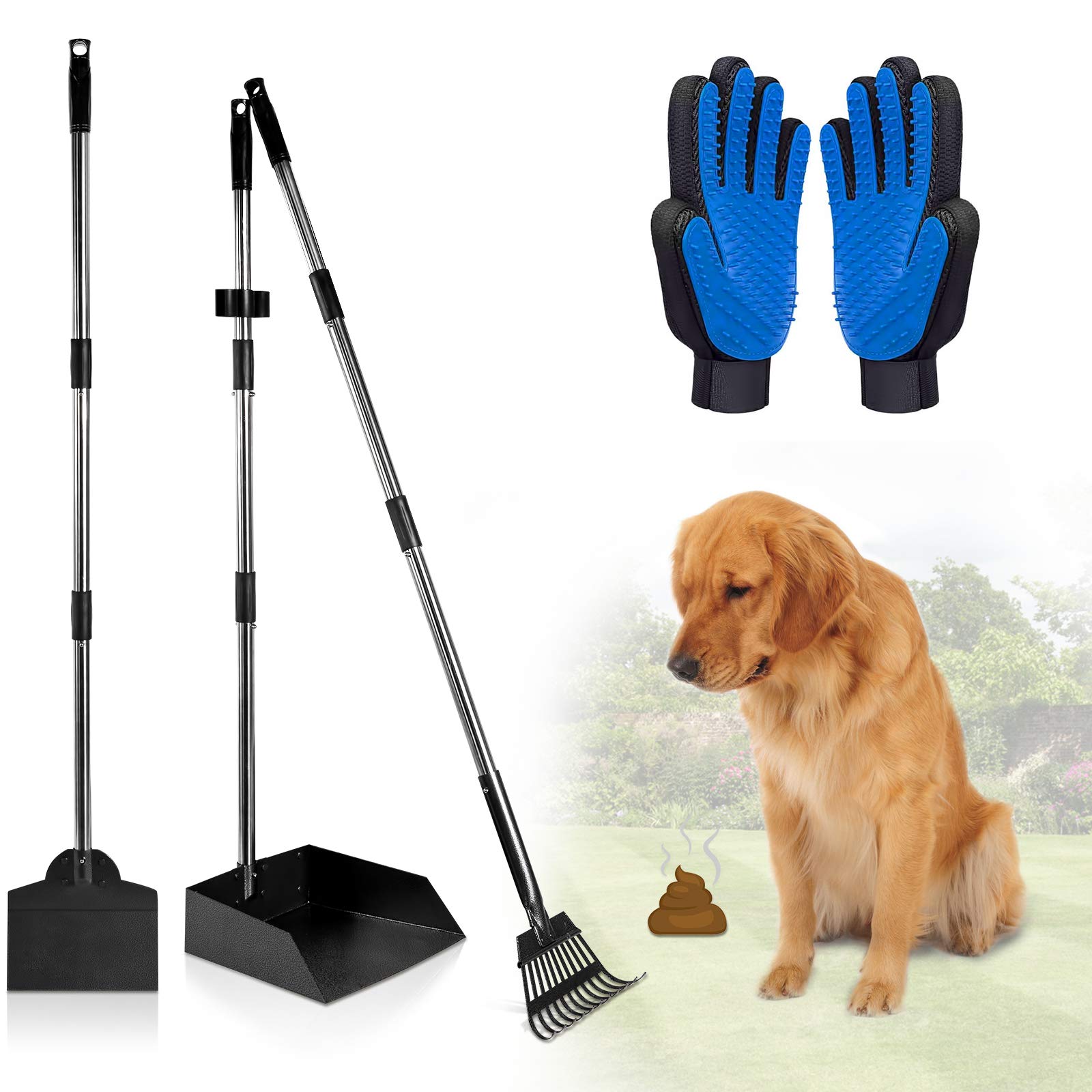Large Pooper Scooper, Detachable Long Handle Poop Scooper for Large Medium Dog, Metal Dog Pooper Scooper with Rake Tray Spade, Easy Pick Up, Suitable for Lawn, Soil and Gravel