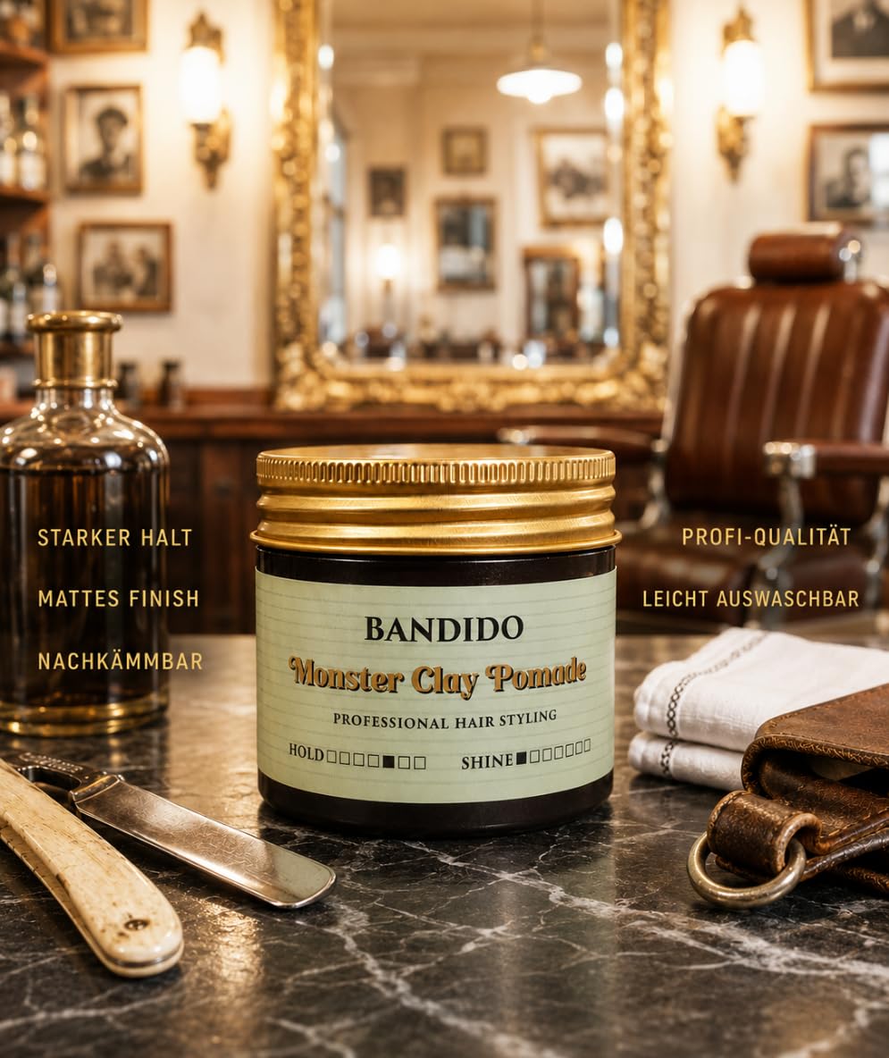 Bandido Monster Clay Pomade 125 ml – Cera para el cabello para hombre, mate, arcilla y pasta mate con fuerte sujeción, sin brillo, arcilla de estilo para textura, slick back y peinados modernos