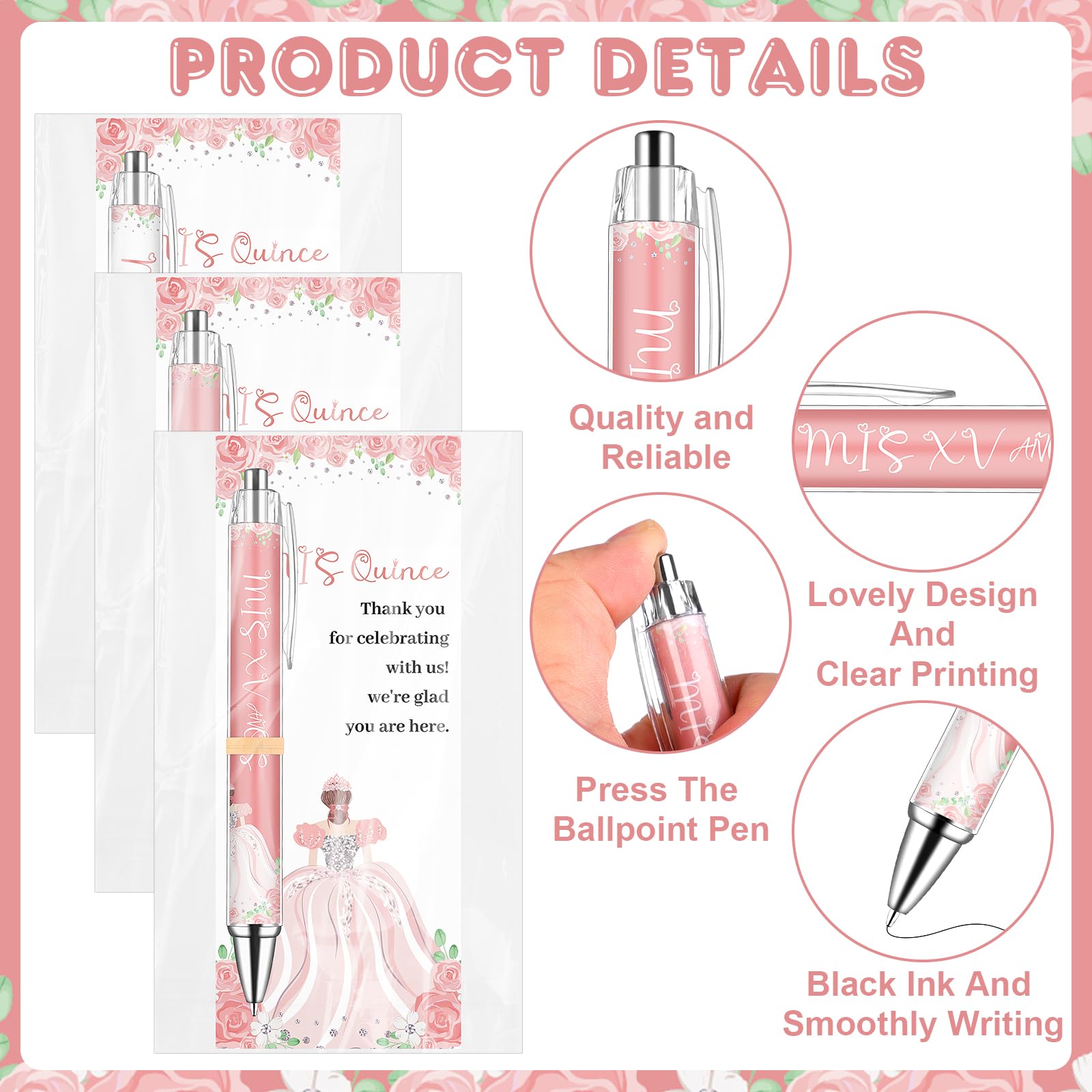 30 Set Quinceanera Party Favors Include Sweet 15 Ballpoint Pens Thank You Cards Gift Bags Quinceañera Gifts Black Ink Pen Thank You Gifts for 15th Birthday Party Mis Quince Guests Souvenir