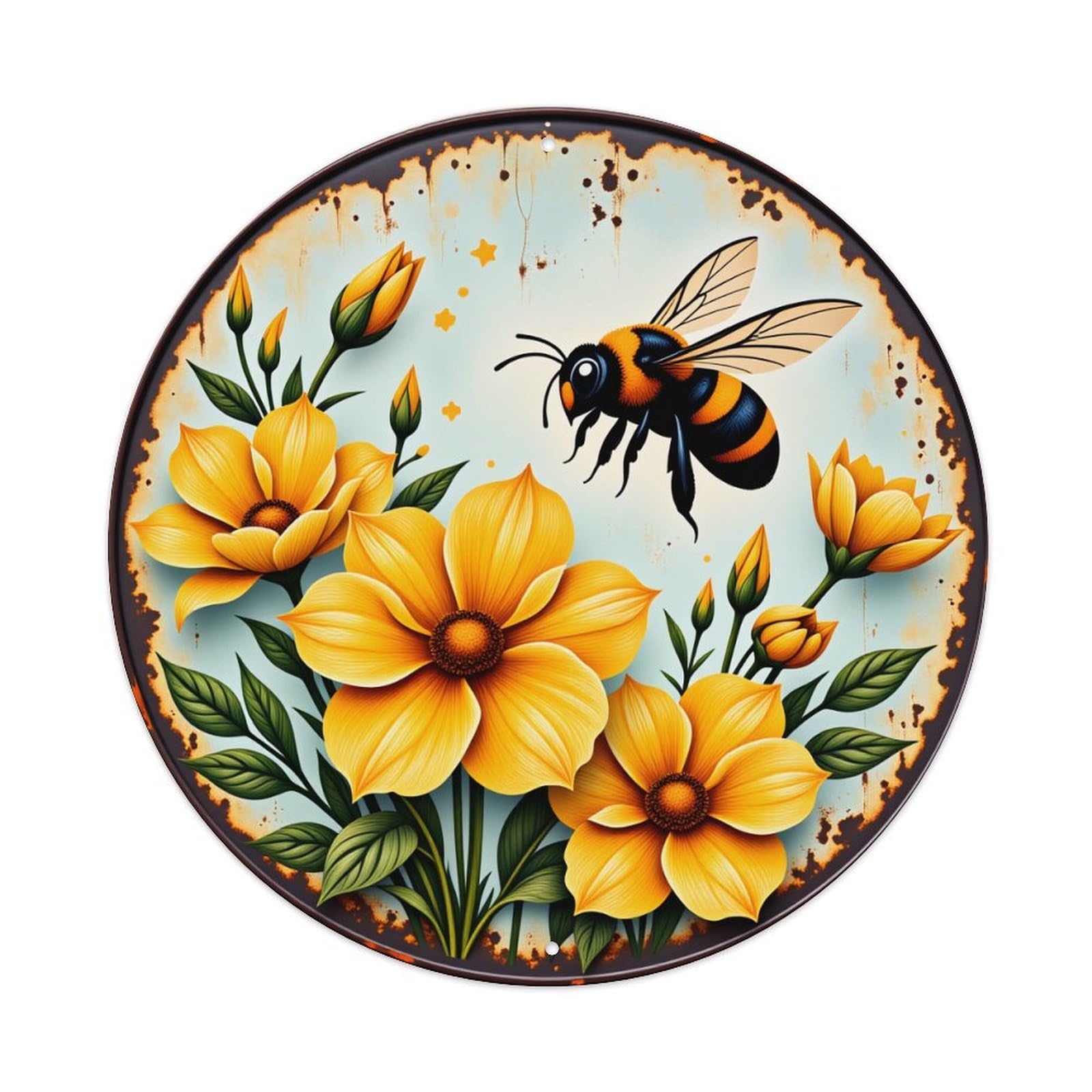 Bee And Yellow Flowers Pattern Round Tin Sign Vintage Style Metal Sign Home Bar Garden Wall Plaque Decor Metal Poster 8x8 Inch