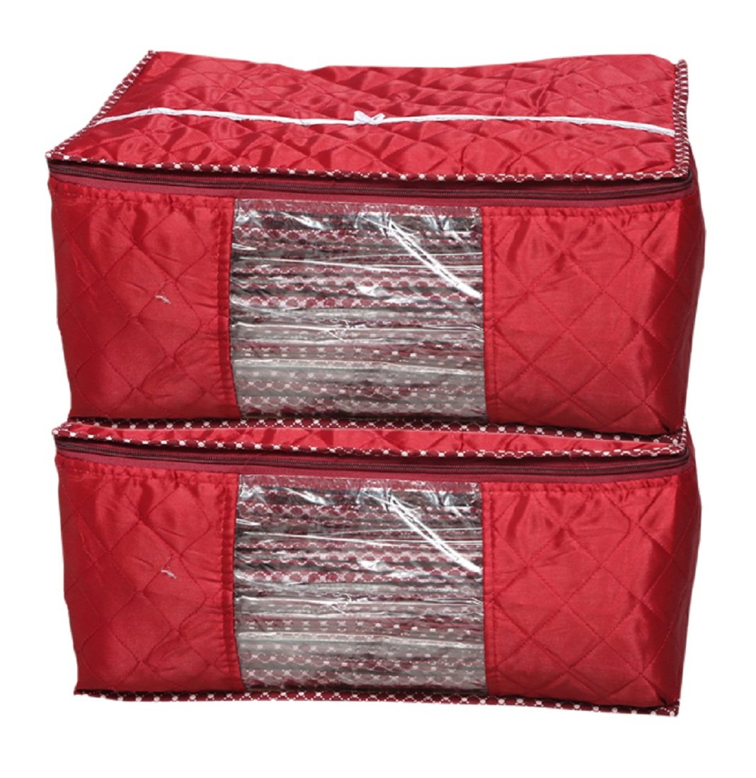 Kuber Industries 2 Piece Quilted Satin Saree Cover Set, Maroon (KU01073)