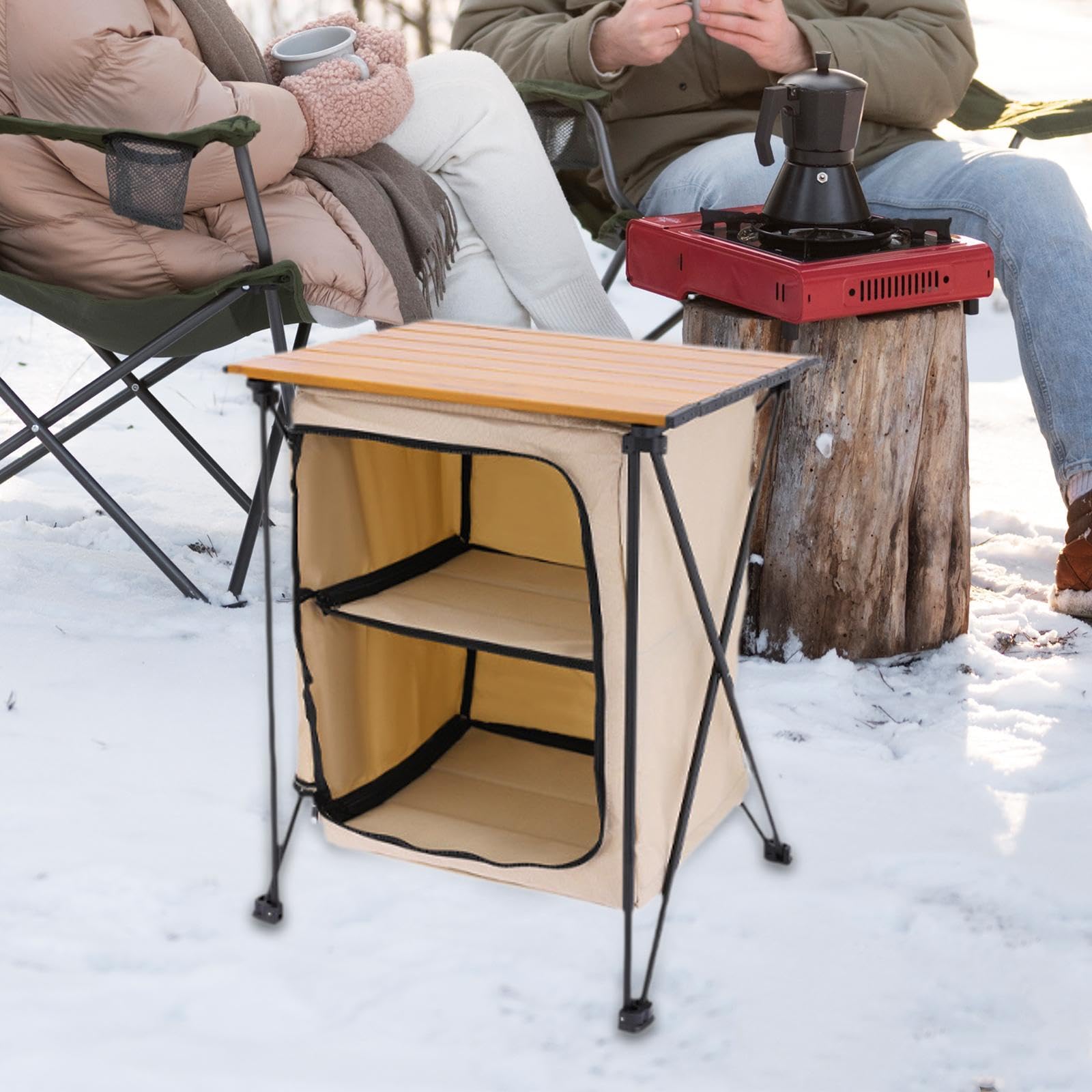 Tragbarer Campingschrank und Kochtisch Combo für Outdoor-Abenteuer, Beige
