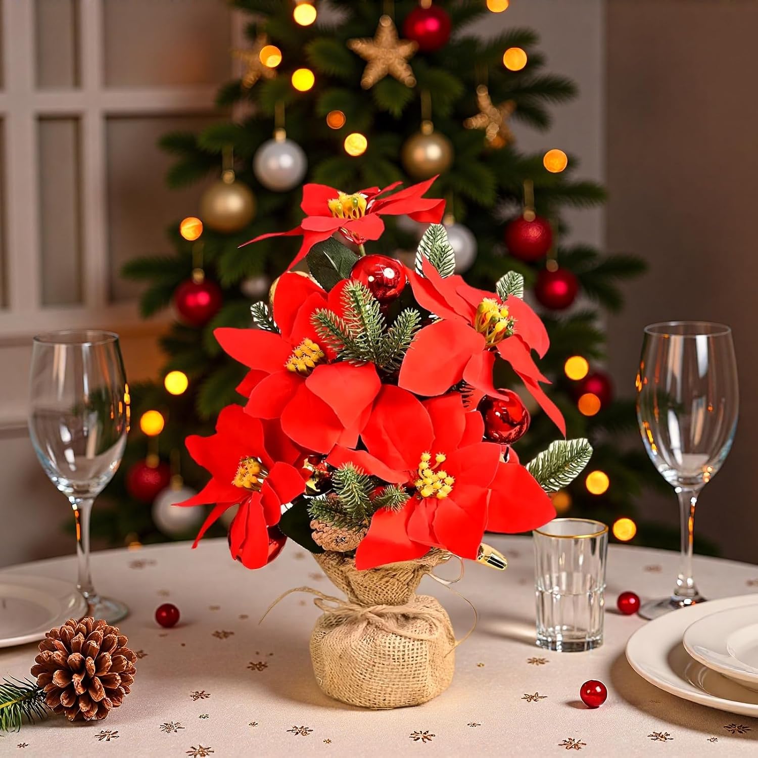 Artificial Poinsettias Flowers Bouquet Large Premier Silk Poinsettia Plant Artificial Flowers Pot Centerpiece Table Decoration for Dining Room,Home Office Christmas Decoration (Red)