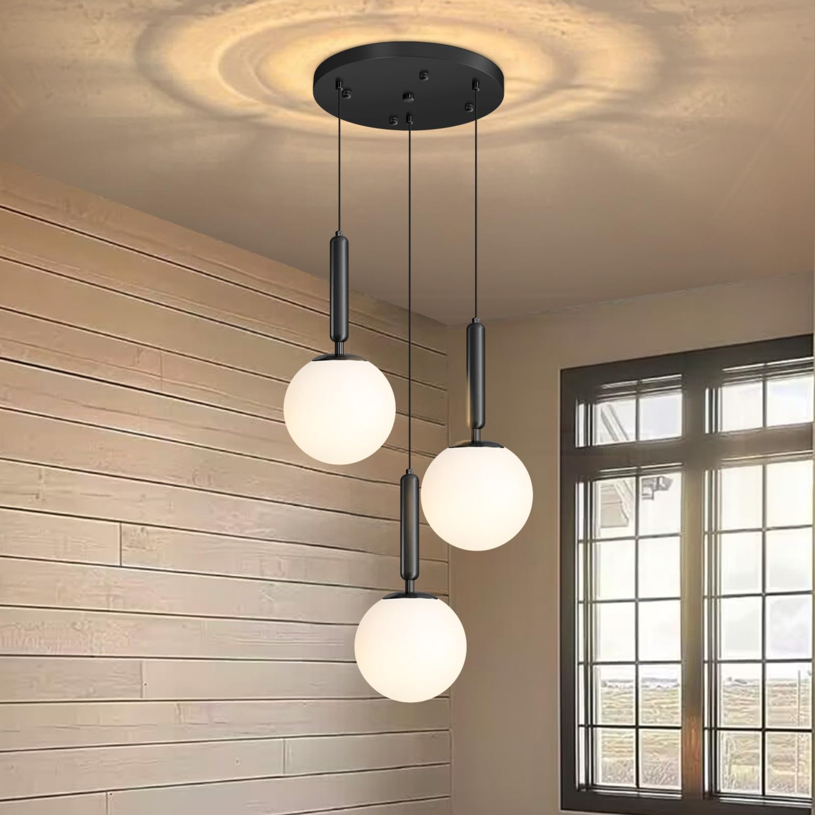 Photo 1 of YLKP Modern White Glass Chandelier Cluster Pendants Lights for Kitchen Island Mid Century Globe Hanging Lighting Fixture Living Room Dining Room Bedroom Staircase E26 Bulbs Black