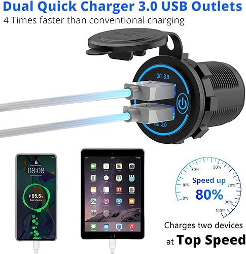 Miniatura 3 de Qidoe - Paquete de 5 salidas USB de carga rápida 3.0 de 12 V, impermeable, QC3.0, doble toma de corriente USB con interruptor táctil, enchufe de