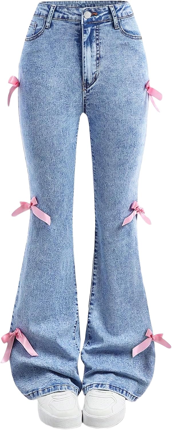 Girls Jeans Flare Bell Bottom Bow Jeans for Teens High Waist Cute Y2K Tween Denim Pants Stretch Trousers 7-16Y