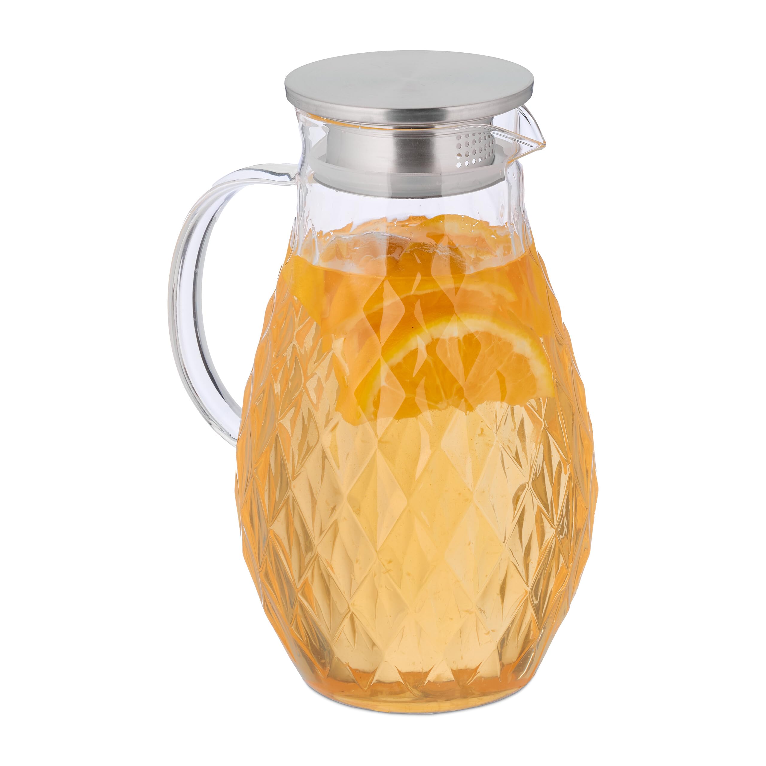 Relaxdays Clear/Silver Jug, 2L Carafe With Lid, Juice & Water Beverage Pitcher, Drinks, Glass And Stainless Steel,