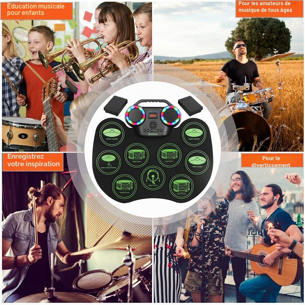 Batterie Électronique Drum Set, Bonvvie Roll Up Tambour Techargeable avec 9 Pads, MIDI, DTC, Haut-parleurs Intégrés, Idéal pour les Étudiants Débutants Amateurs Adulte Noël Anniversaire