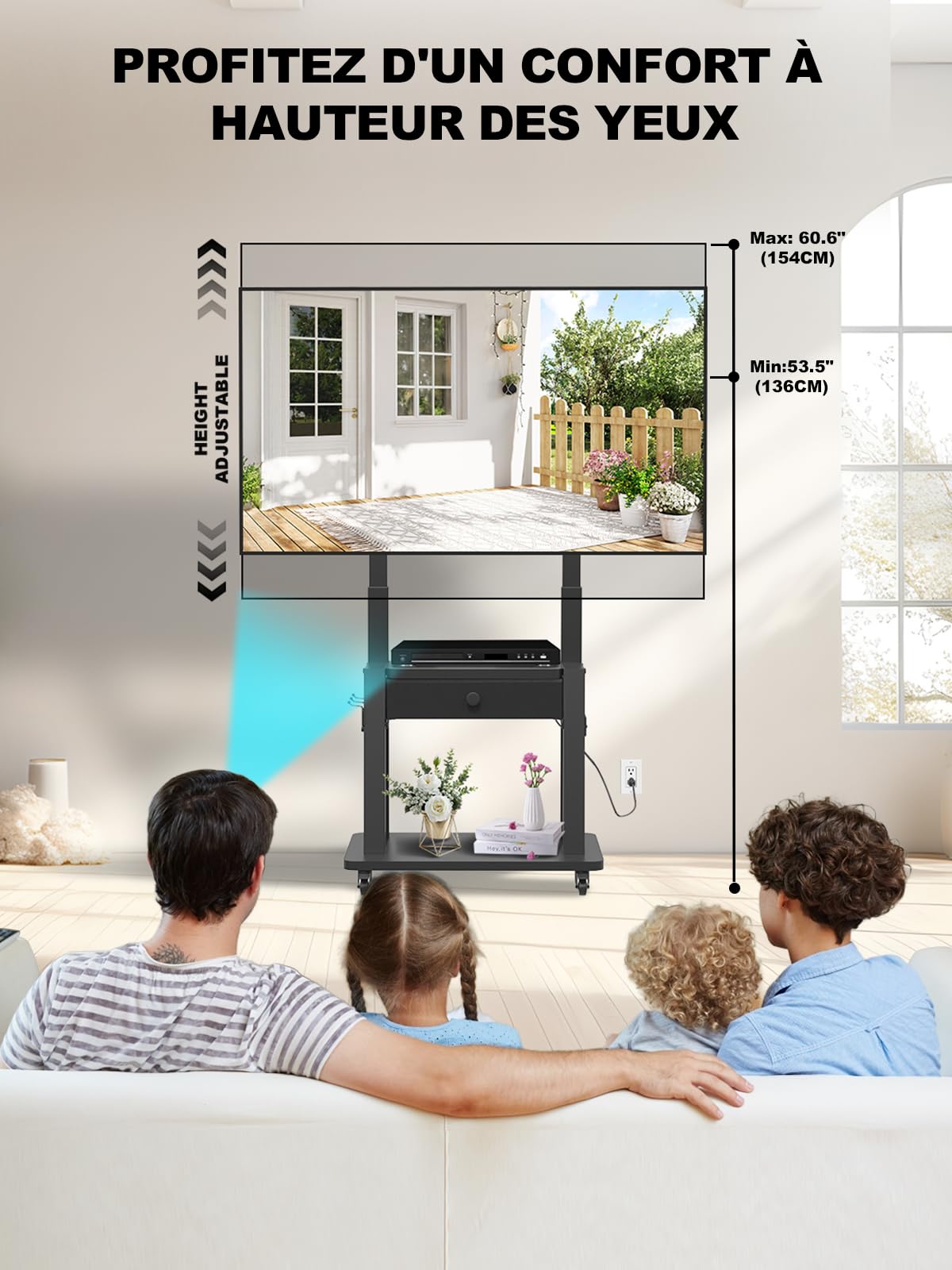 Support TV avec Prise électrique et tiroir en Tissu pour TV Plats/incurvés de 32-75" (Jusqu 100kg) LCD/LED/OLED. Chariot TV Mobile à Hauteur réglable pour Maison ou Bureau. VESA Max 600 x 400mm Noir
