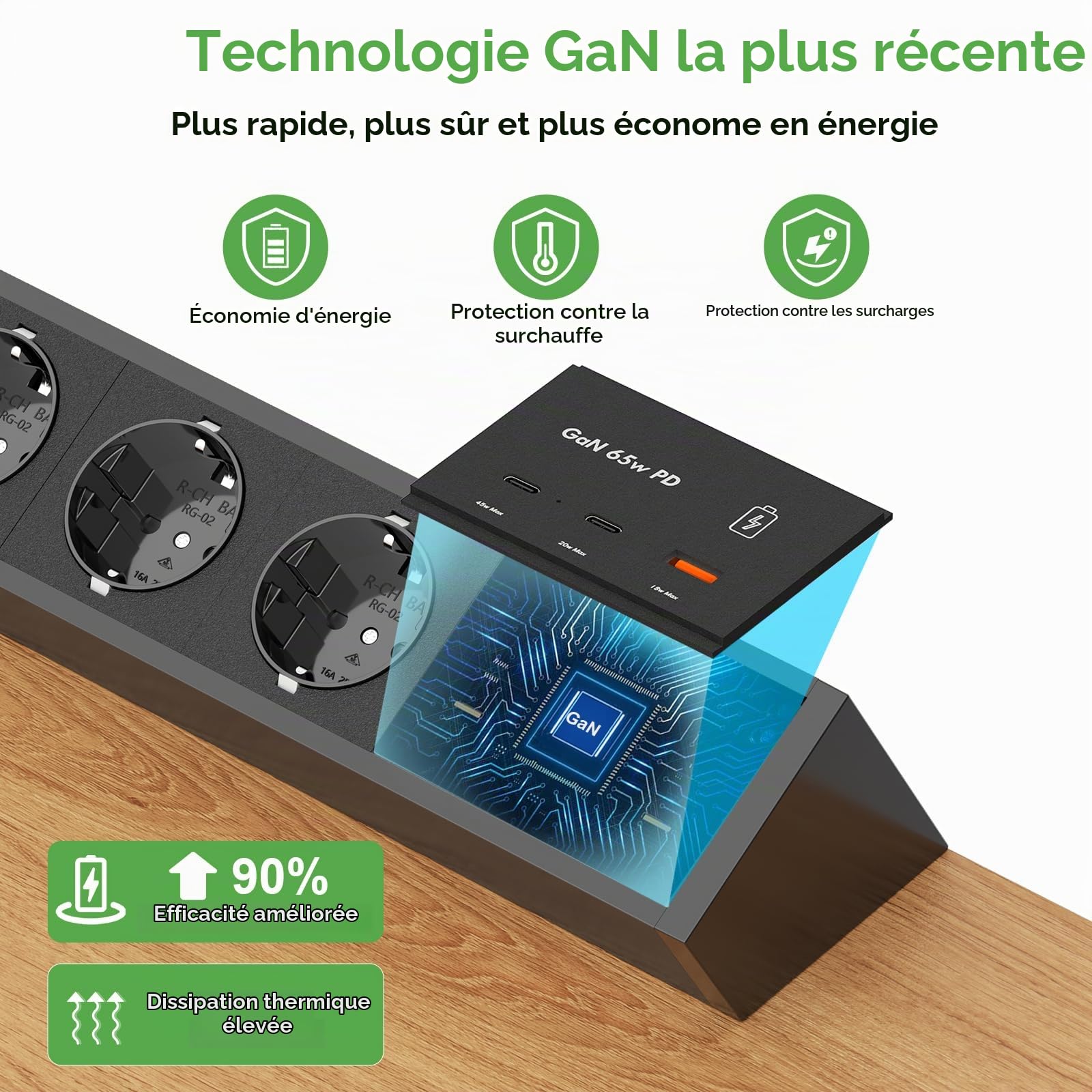 Prise de Table avec 2 USB C GaN 65W, Prise Multiple avec Interrupteur, Multiprise de Table Bureau pour Bureau à Domicile, Câble 3 m