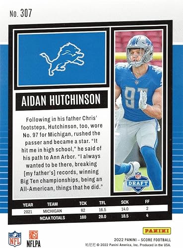 Miniatura 2 de 2022 Panini Score Football #307 Aidan Hutchinson Rookie Card Lions