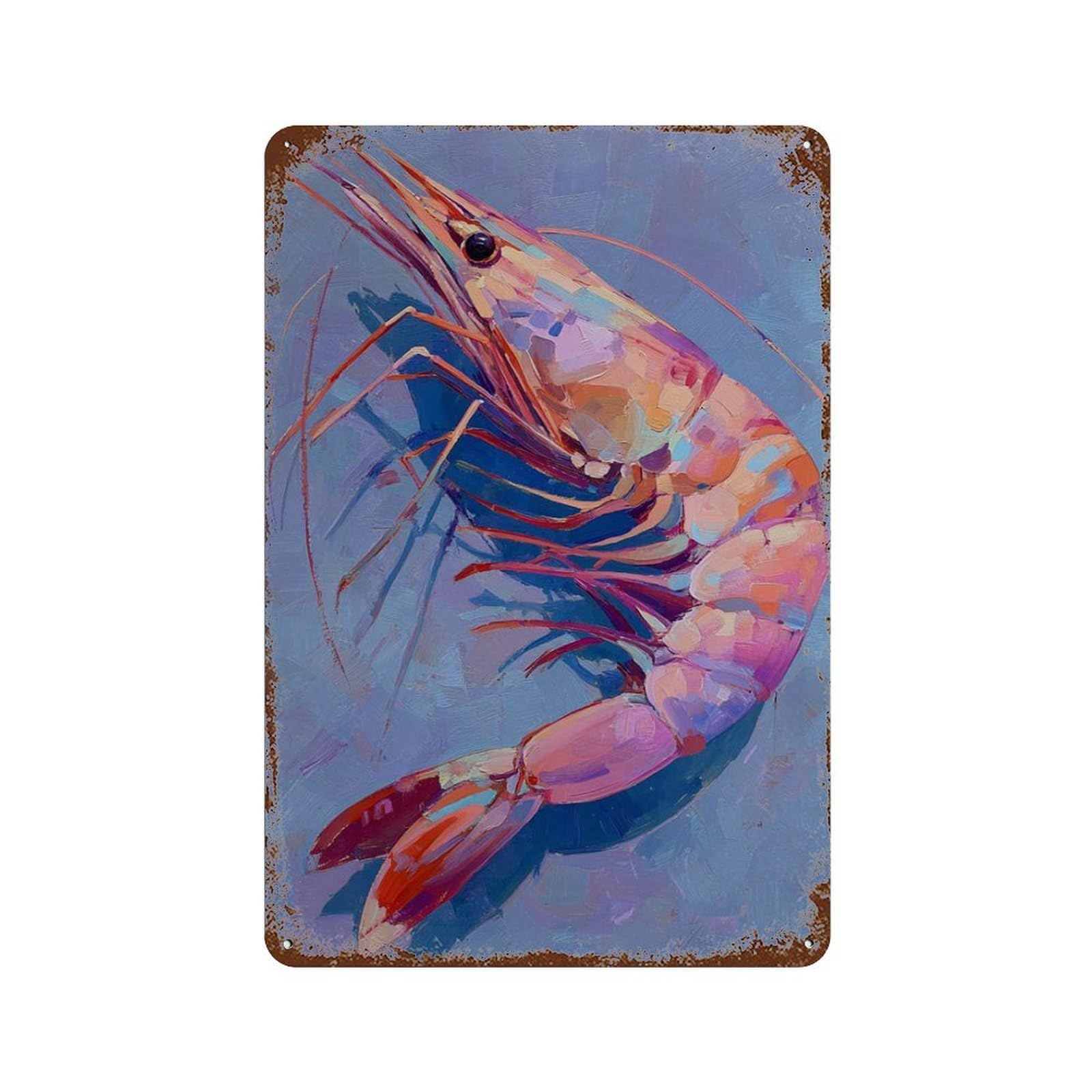xiaoxiaoshen Colorful Shrimp Modern Seafood Abstract Ocean Animal Painting Coastal Kitchen Bo Wall Decor Art Metal Tin Poster Modern Home Decor Art Home Bar Shop Decorations Vintage Sign 30x20cm