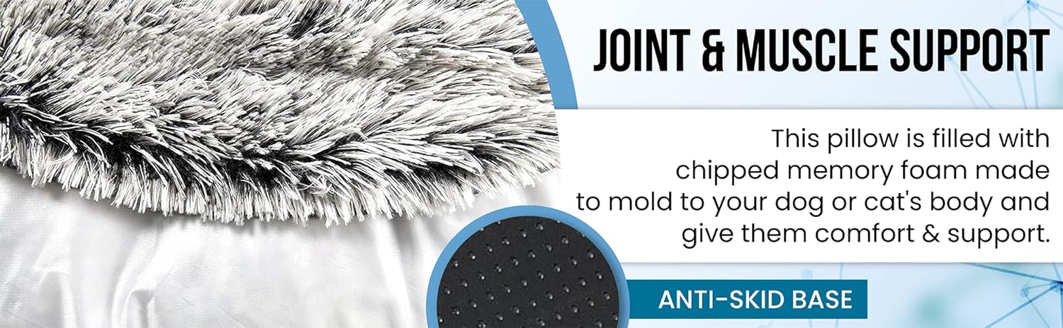 Close-up of the PetMedics dog bed's faux fur and anti-skid base, highlighting joint and muscle support.
