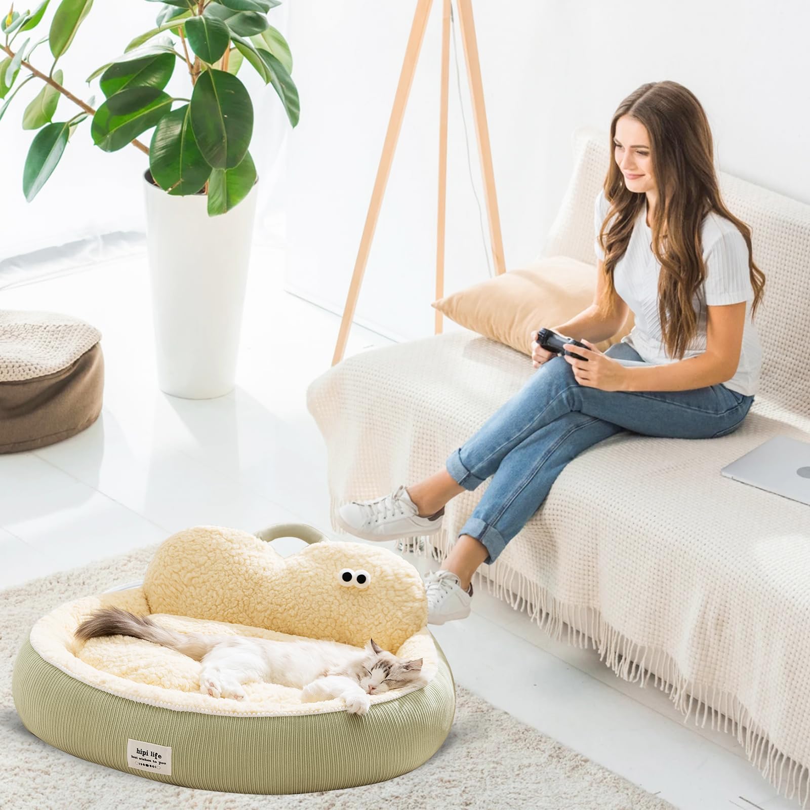 Galatée Cama Redonda Tipo Donut para Gatos, Cojín Lavable De Lujo para Perros, Sofá Mullido para Perros, Nido para Mascotas con Base Antideslizante(XL, Verde)