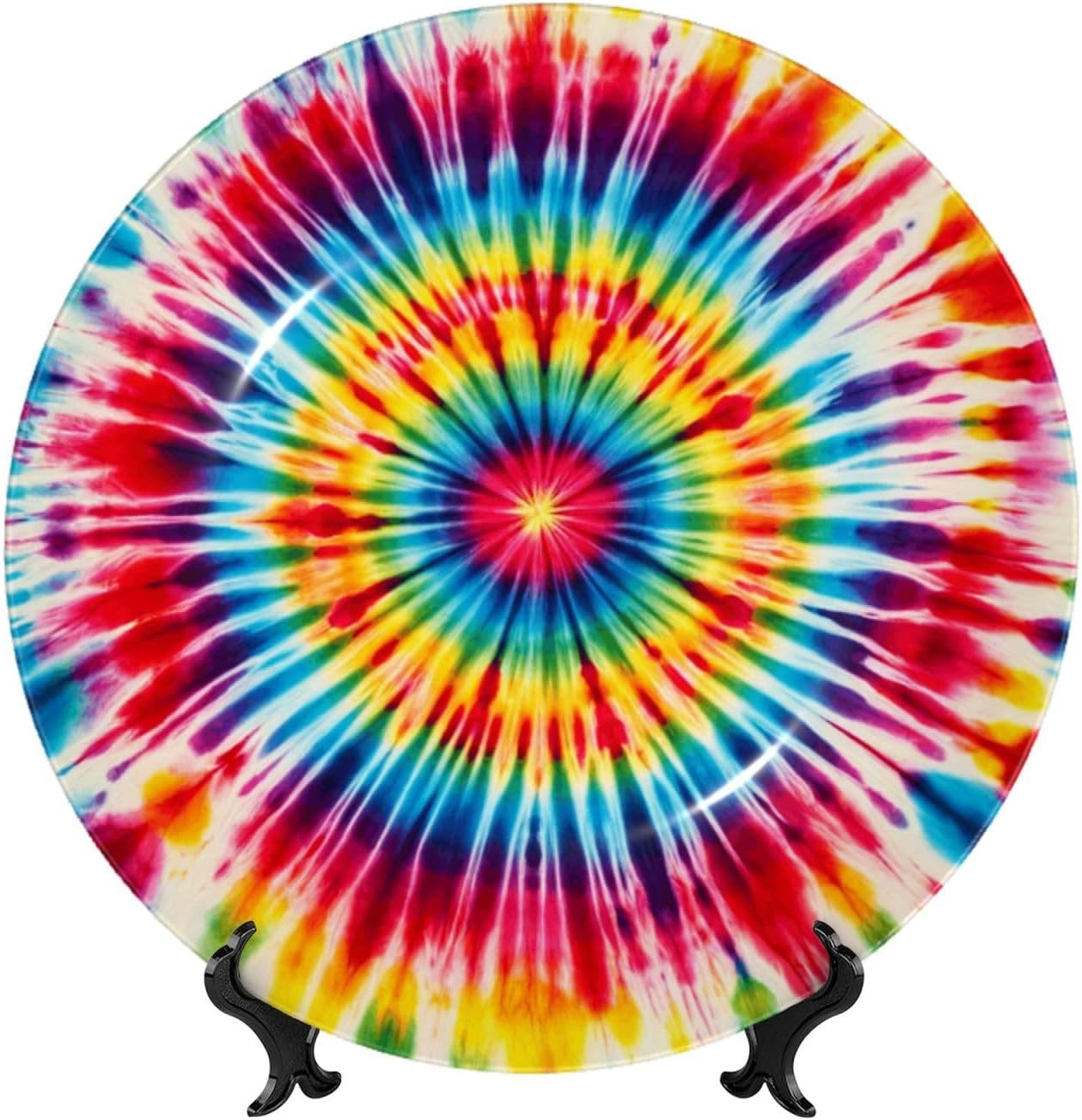 Radial-Tie-Dye-Design 10 Inch Decorative Plate With Stand, Elegant Display Wall Plate For Home Decor
