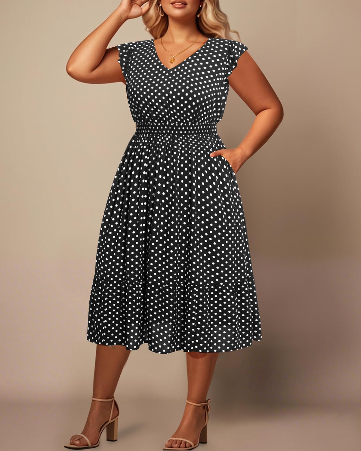 Plus Size Summer Dresses - Boho Casual V Neck Ruffle Sleeve Midi Sundress with Pockets - Image 3