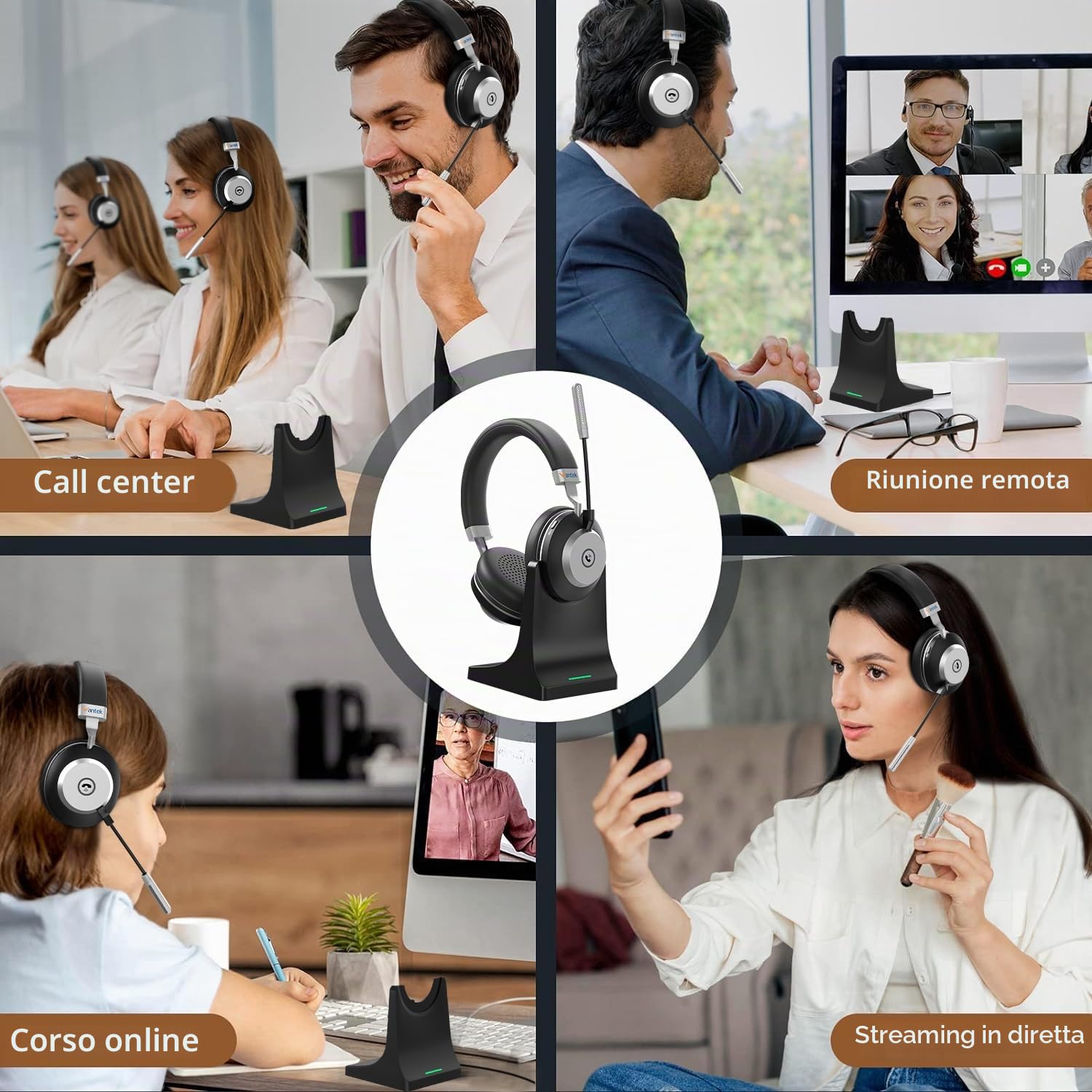 Wantek ‌Cuffia Business Noise Cancelling Attivo & Ricarica Wireless - Doppia Modalità BT5.3/2.4GHz, 45h Autonomia, Driver 40mm 116dB + IPX4 per PC/PS5/Smartworking