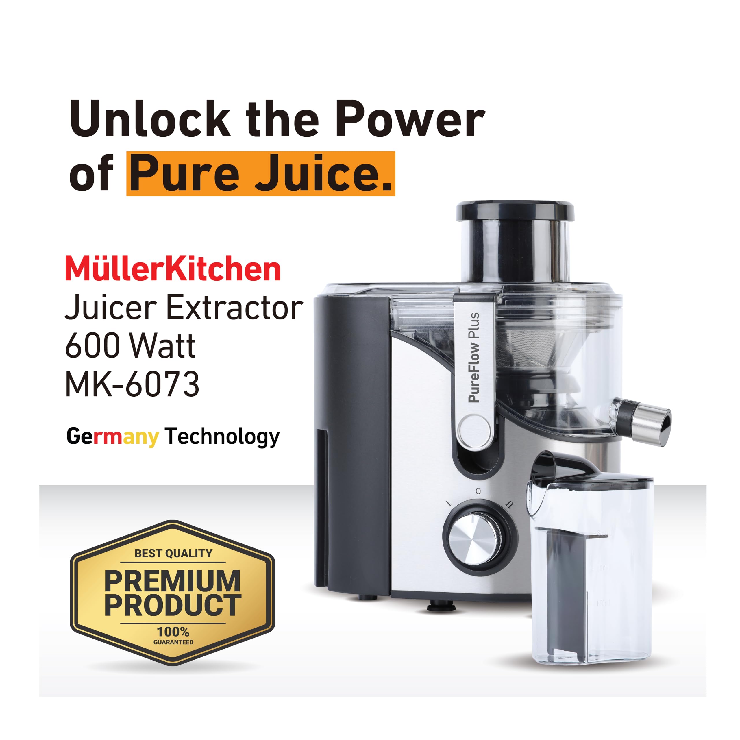 Muller Kitchen MK-6073 Licuadora para verduras y frutas (INOX, Tubo de alimentación extra grande, 2 velocidades, pies de goma antideslizantes)