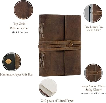 KomalC Leather Journal Lined Paper with luxury pen Handmade Leather Journal/Writing Notebook Diary/Bound Daily Notepad for Men & Women Medium, Writing pad for Artist, Sketch (7 X 5)