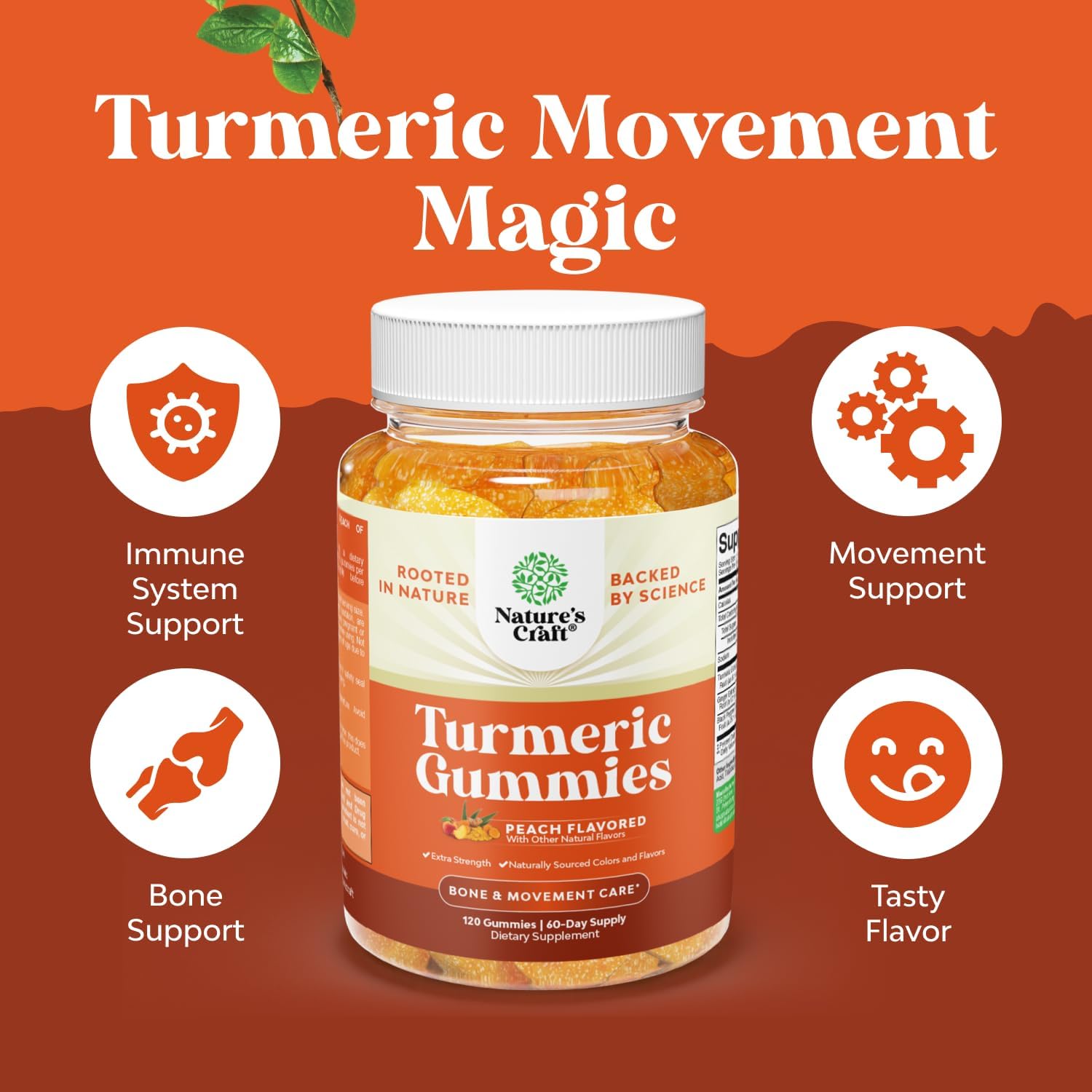 Natures Craft Turmeric Gummies for Adults - Extra Strength Immune Support Gummies with Turmeric Curcumin, Black Pepper Extract and Ginger - Peach Flavor Vitamins for Adults - 120 Count
