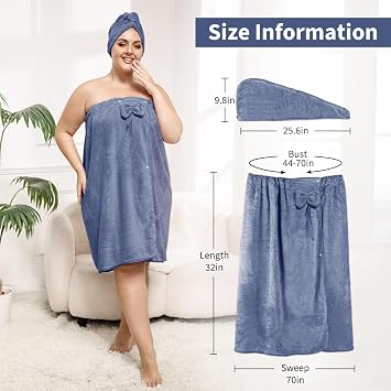 Plus Size Women's Towel Wrap with Hair Towel, XL-XXL, Dark Blue, Coral Fleece
