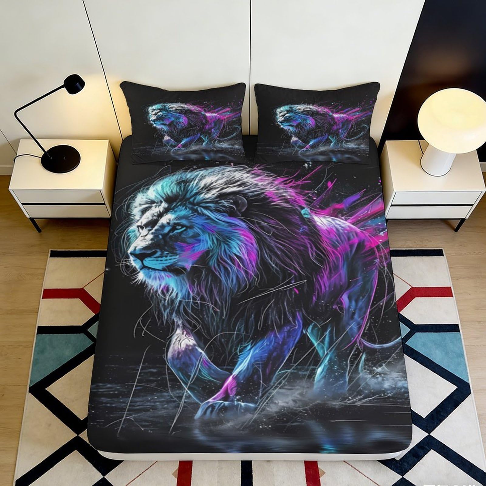 3D Printed Neon Lion Fitted Sheet Microfiber Durable Soft Breathable Abstract Animal Bed Sheet with Mattress Cover for Bedroom Dormitory Guest Room 200x200x25cm