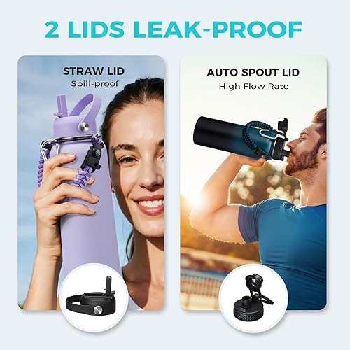 Miniatura 7 de Botella de agua aislada al vacío de 40 onzas  Mantiene el frío 48 horas caliente 24 horas combo tapas con popote y boquilla mango de paracaídas de
