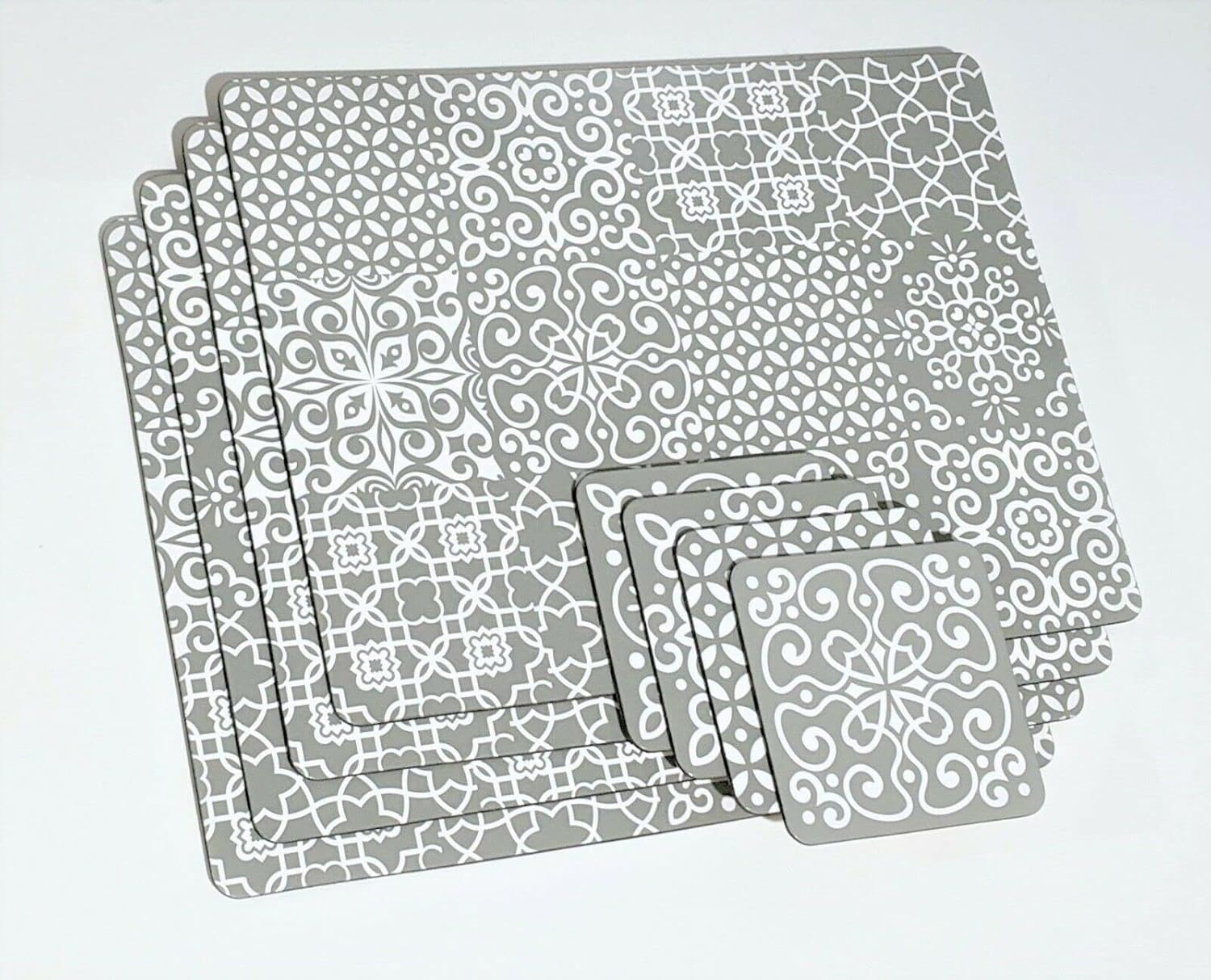Biznest Geometric White Grey Placemat & Coaster Set 8pc Printed Coaster