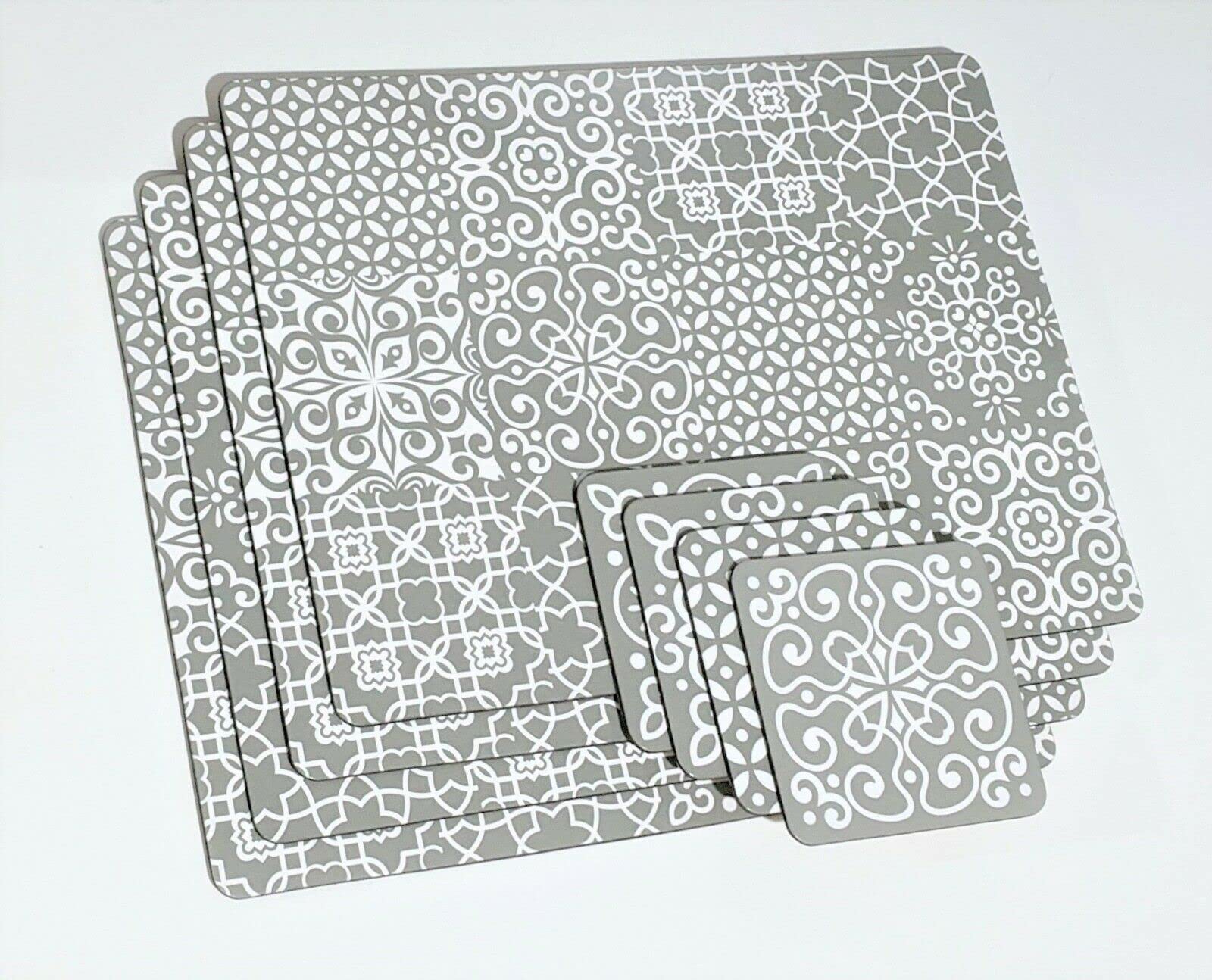 Biznest White Geometric & Grey Placemat & Coaster Set 8Pc, Accessorise Your Dining Table With This Stunning Set For Christmas