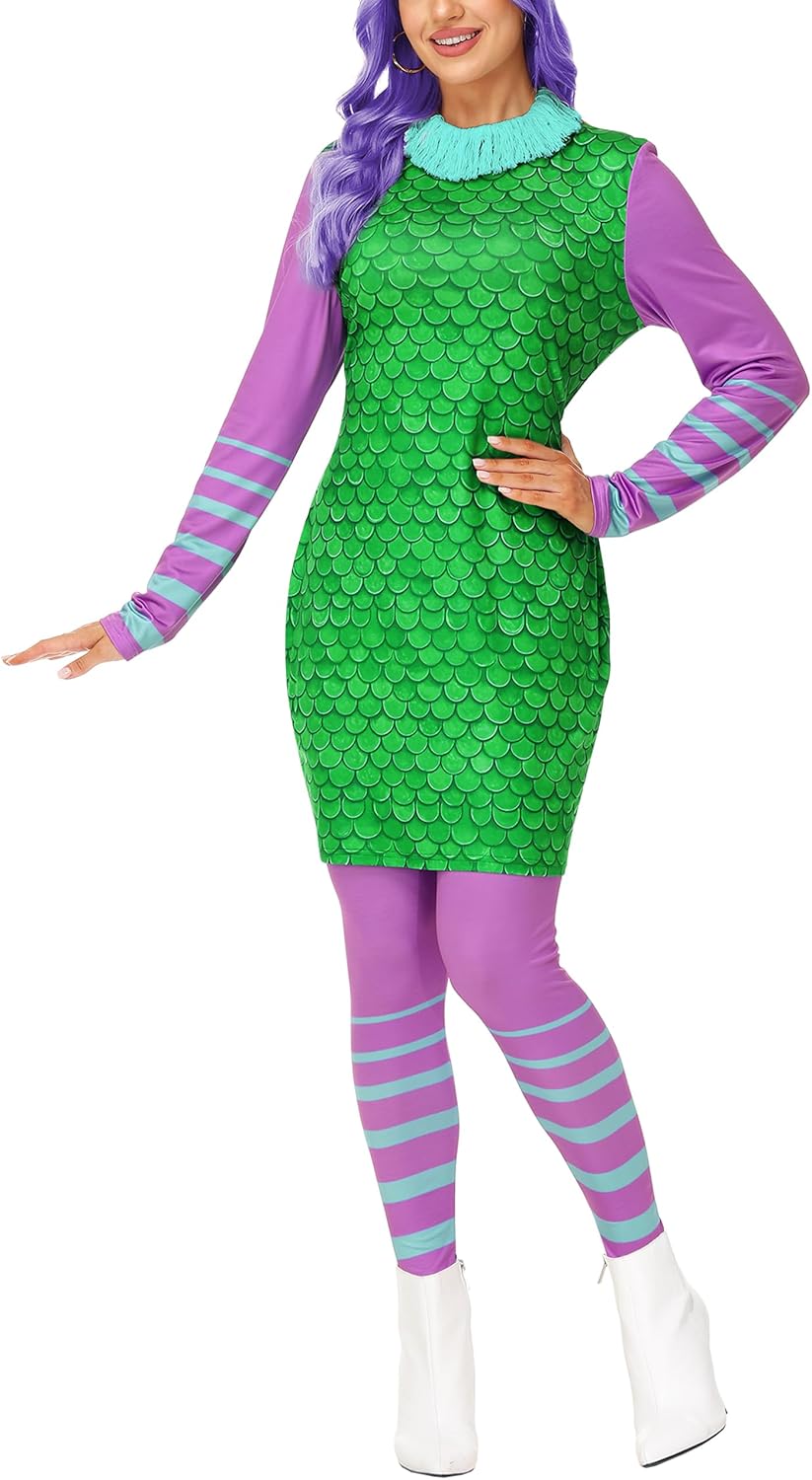 AOBUTE Women Halloween 2 Pcs Costume Outfits Long Sleeve Green Dress Purple Leggings