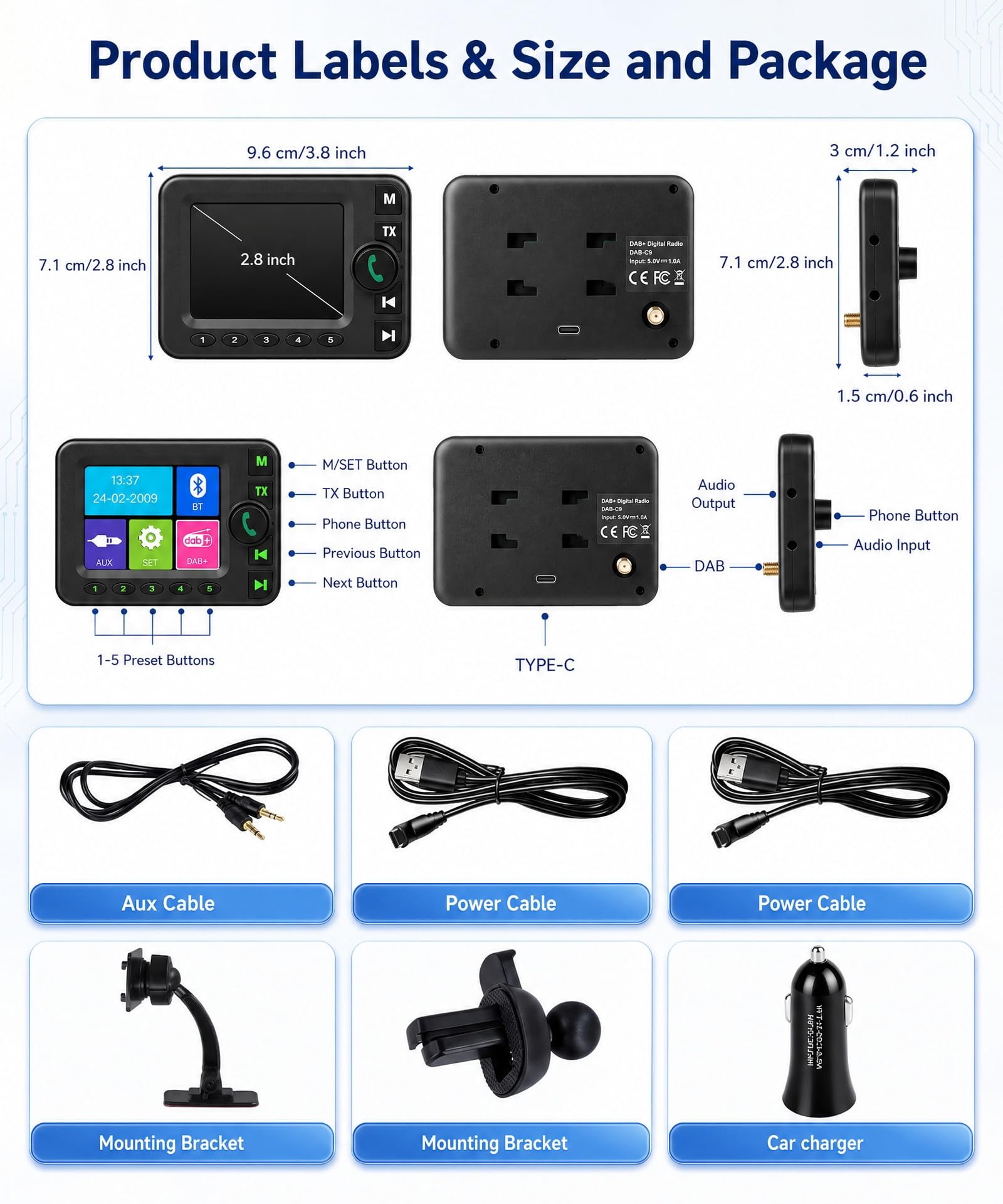 VECHTEL Ricevitore DAB+ Portatile per Auto con Bluetooth e Display TFT 2,8" | Adattatore DAB+ per Autoradio, Trasmettitore FM, Vivavoce, Ingresso/Uscita AUX, Antenna Attiva, Ricerca Automatica