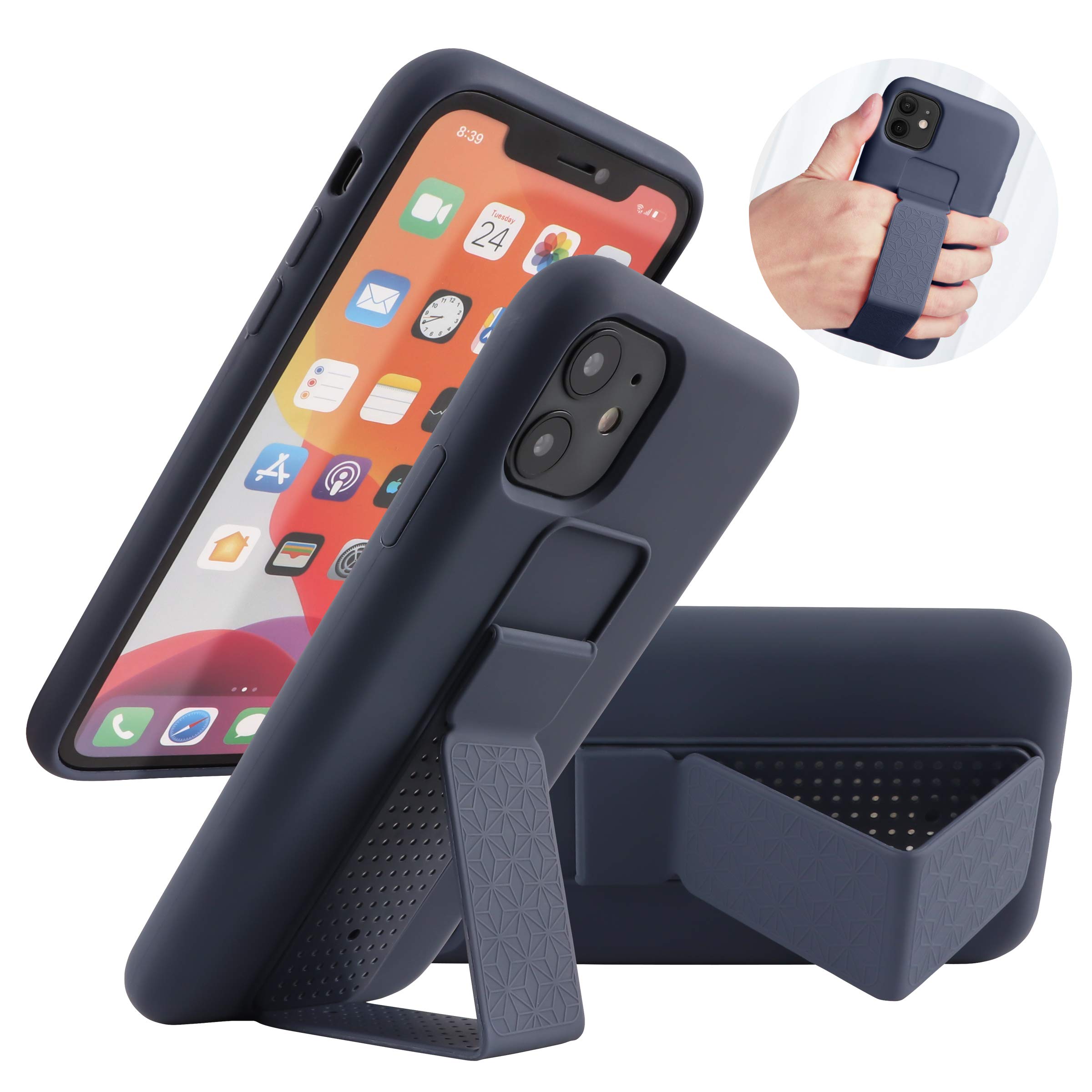 LAUDTEC iPhone 12 Mini Case with Kickstand, Vertical/Horizontal Stand Hand Strap Kickstand | Microfiber Linner | Liquid Silicone Full Body Protective Stand Case for iPhone 12 Mini 5.4'' Blue