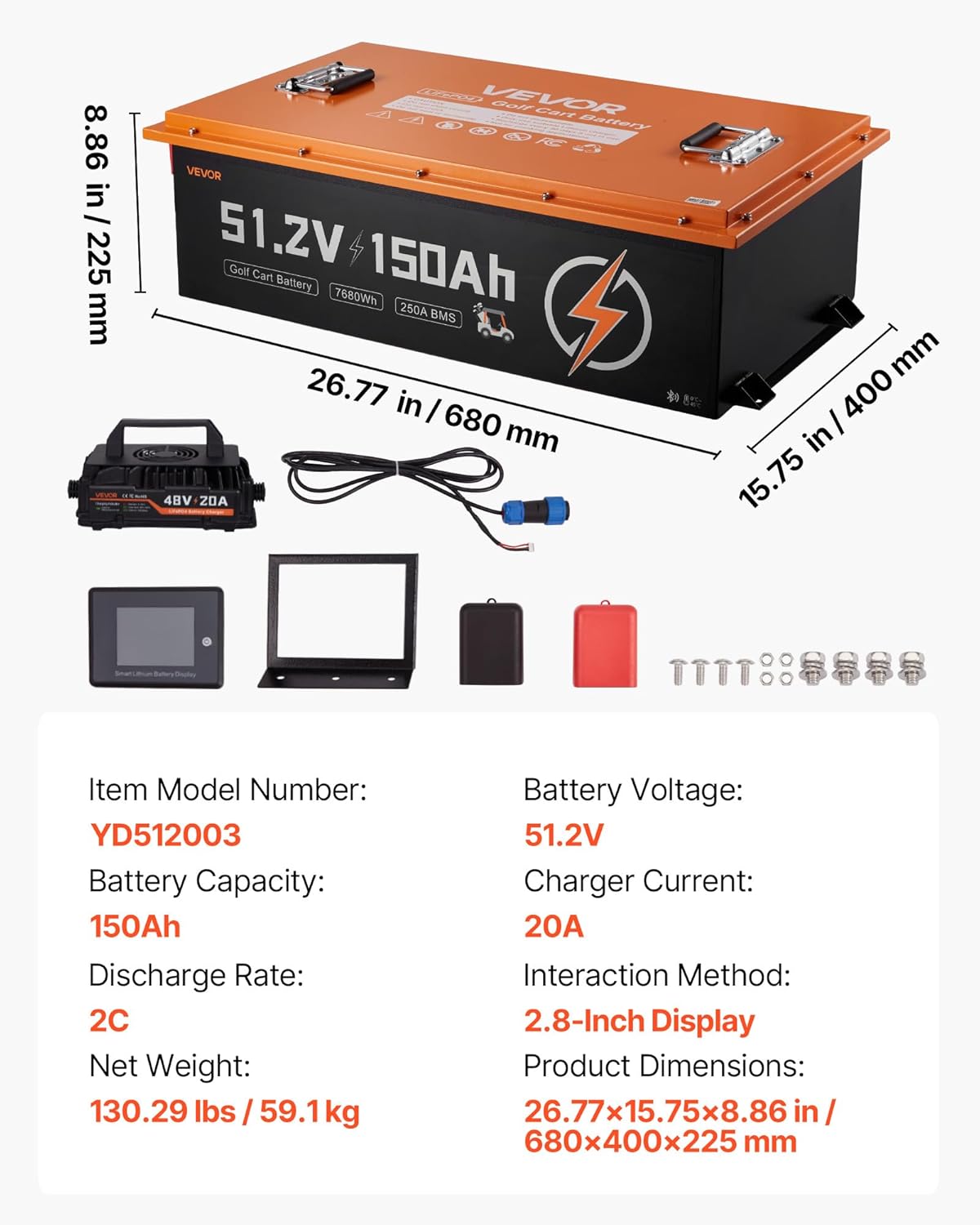 VEVOR 48V (51.2V) 150AH Lithium Golf Cart Battery, with 20A Charger, Lifepo4 Battery Kit, Built-in 250A BMS, with Bluetooth & Touch Monitor, 2C Discharge, 4000 Cycles, for Golf Carts, Trolling Motors