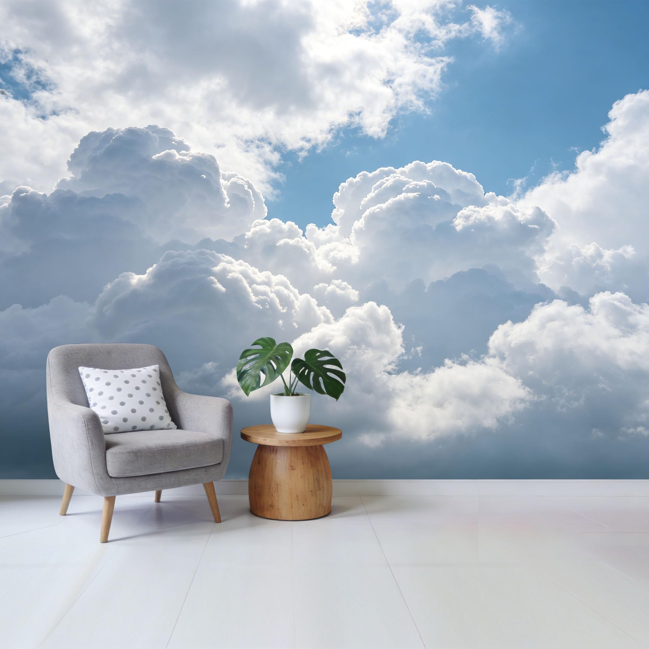 Custom Size Wall Mural Fluffy White Clouds Blue Sky Landscape 3D Effect Removable Self Adhesive Fabric，Home Wall Decor for Living Room Bedroom Bathroom