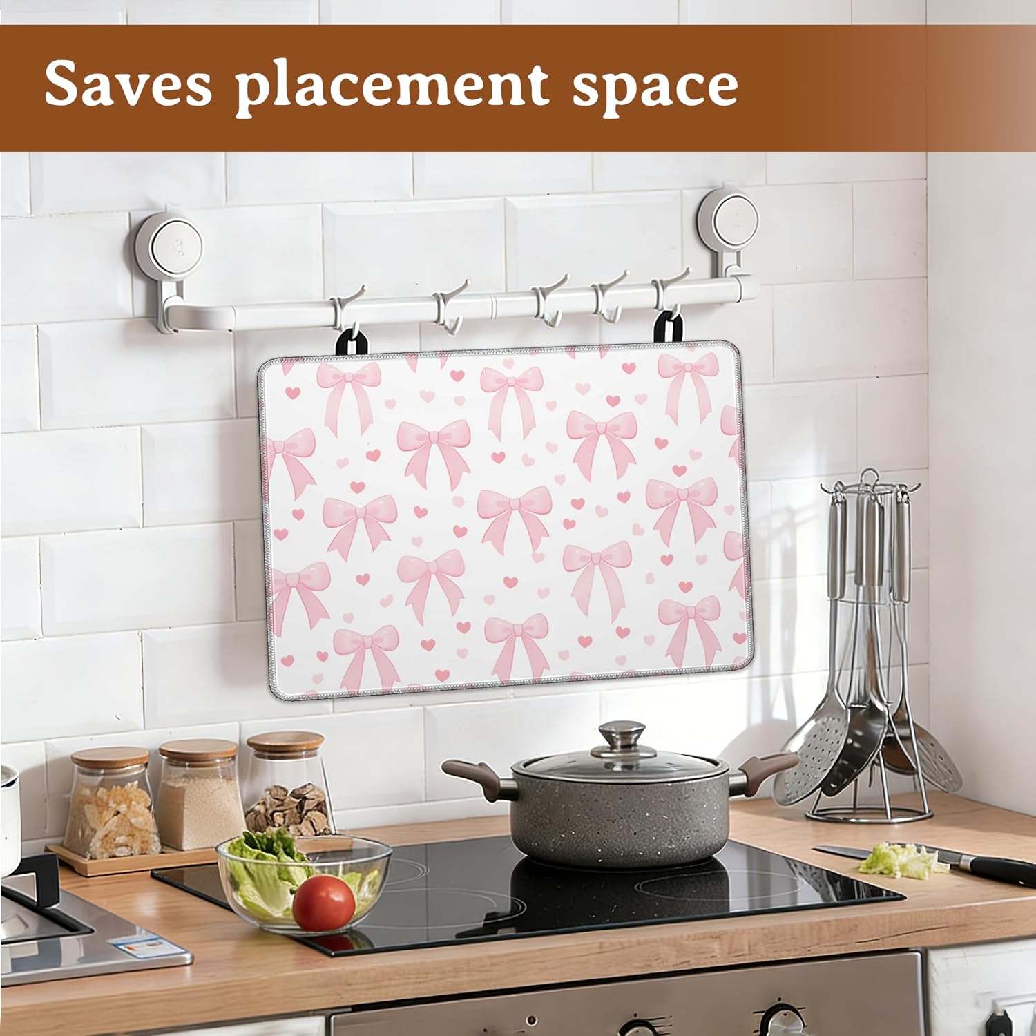 Electric Stove Top Protector Cover,Pink Bow Thick Rubber Dish Drying Mat for Glass Stove Heat Resistant Kitchen Flat Electric Stove Top Covers 28.5×20.5in