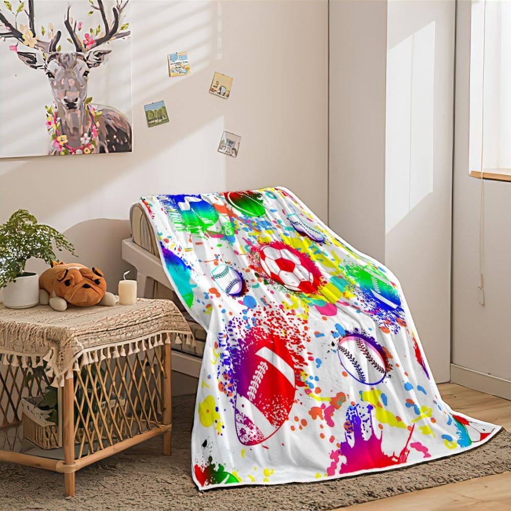 Colorful Soccer Blanket for Men Boys Sporters Watercolor Tie-dye Comforter Set for Girls Kids Teens Cartoon Soccer Print Bedding Comforter Full Size Youthful Printed Soft Flannel Throw Blankets