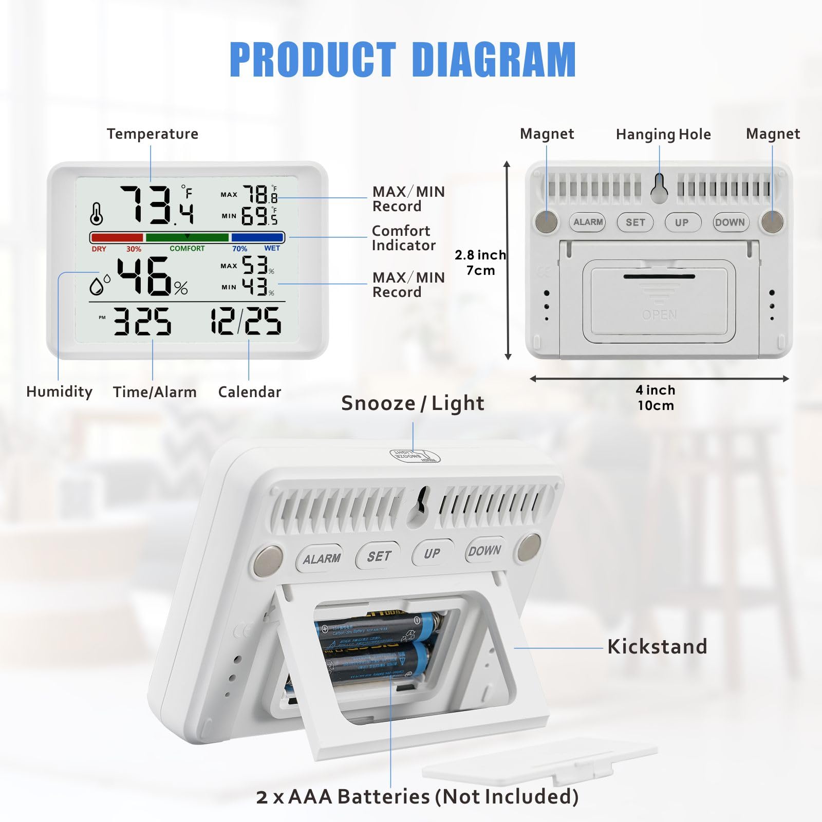 Digital Thermometer Hygrometer, Plumeet Indoor Wall Thermometer with Backlight, Digital Alarm Clock, Date, Air Comfort Indicator, Max Min Record, Desktop Thermometer for Home, White — view 6