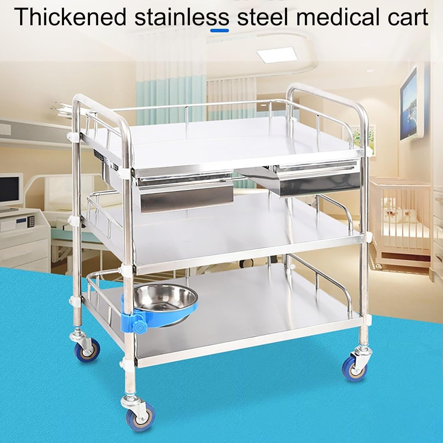 Stainless Steel Worktables with Wheels, Stainless Steel Cart with Two Drawers, Mobile Clinic Serving Lab Cart, for Laboratory Hospital Office Salon,80 * 48 * 88cm/31.5 * 19 * 35 in(66*44*88cm/26*17.5*