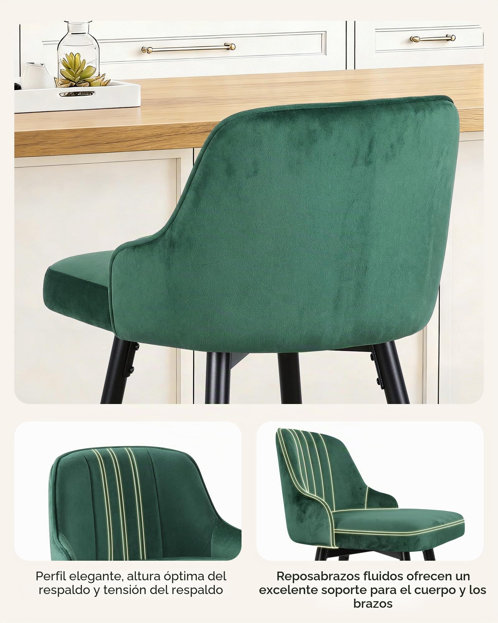 Bekrvio Juego de 2 taburetes de bar de terciopelo, Silla giratoria de 360°, Altura ajustable a 65 cm, Silla de bar tapizada con respaldo, Taburete de cocina moderno para cocina, mostrador, bar