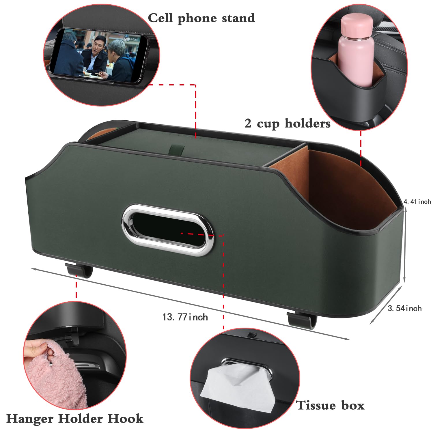 HOLDCY Car Back Seat Organizer with 2 Drink Cup Holder - Tissue Box and Storage Box Hook - Multi-Functional Storage - Great for Kids and Travel (Green)