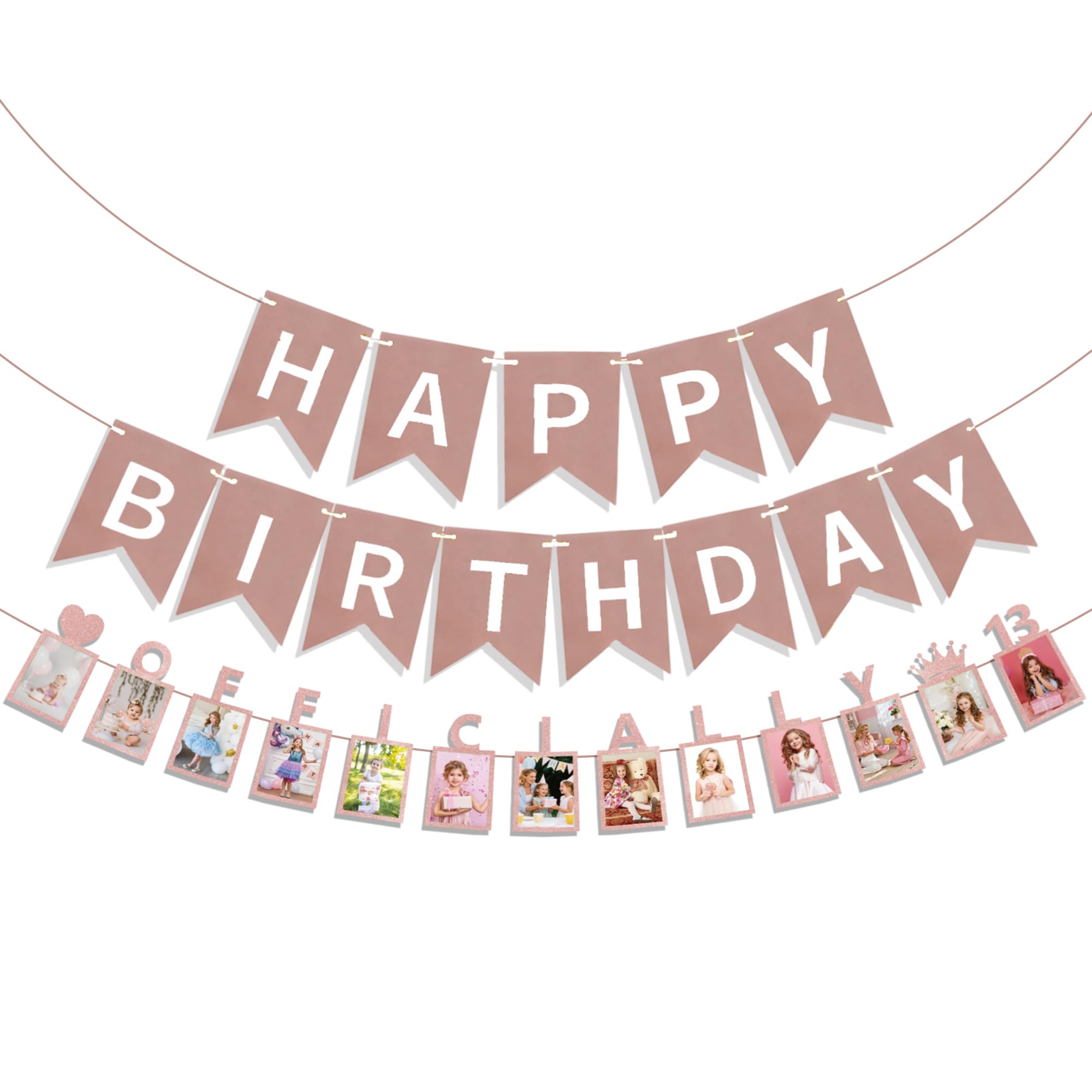 13th Birthday Decorations Girl Banners - 3 Pcs Rose Gold Teenager Happy Birthday Banner Officially 13 Photo Banner Picture Decoration Photo Display Bunting for 13 Years Old Girls Party Wall Decor