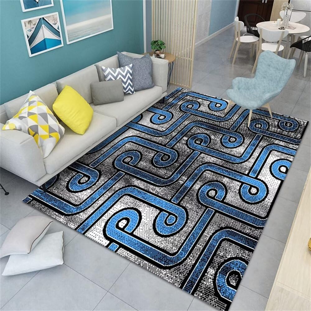 Tapis d'éveil moderne gris-bleu dans un salon au style lumière luxe