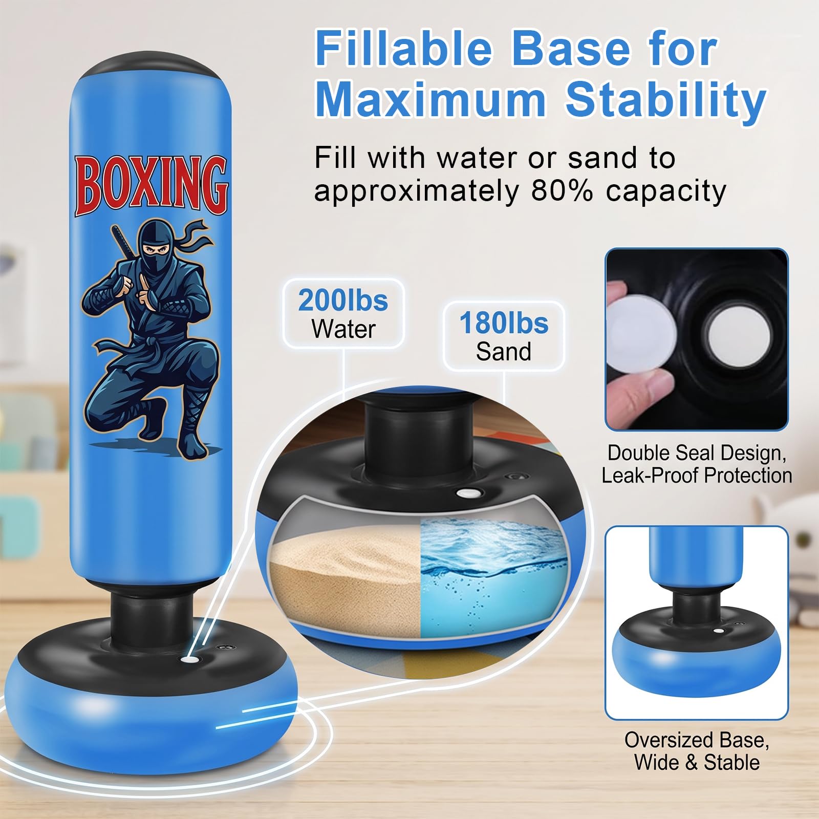 Ninonly Sacco da Boxe 165cm per Bambini Ragazzi con Guanti da Boxe e Pompa | Blu Sacco da Boxe da Terra per Karate MMA Kickboxing Taekwondo Muay Thai, PVC Resistente Punchball per Allenamento a Casa