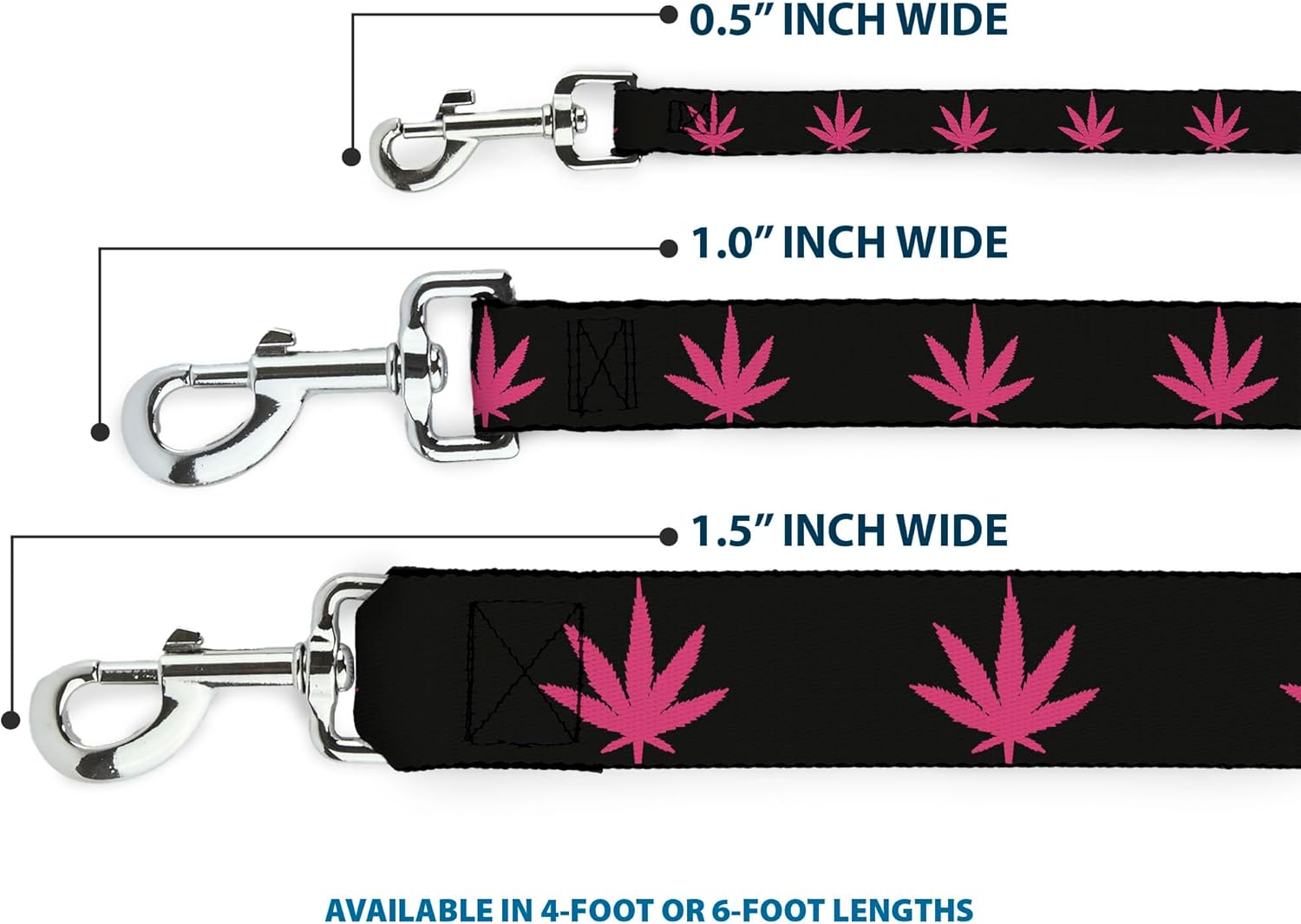 Dog Leash - Marijuana Leaf Repeat Black Pink - Wide 1.5"